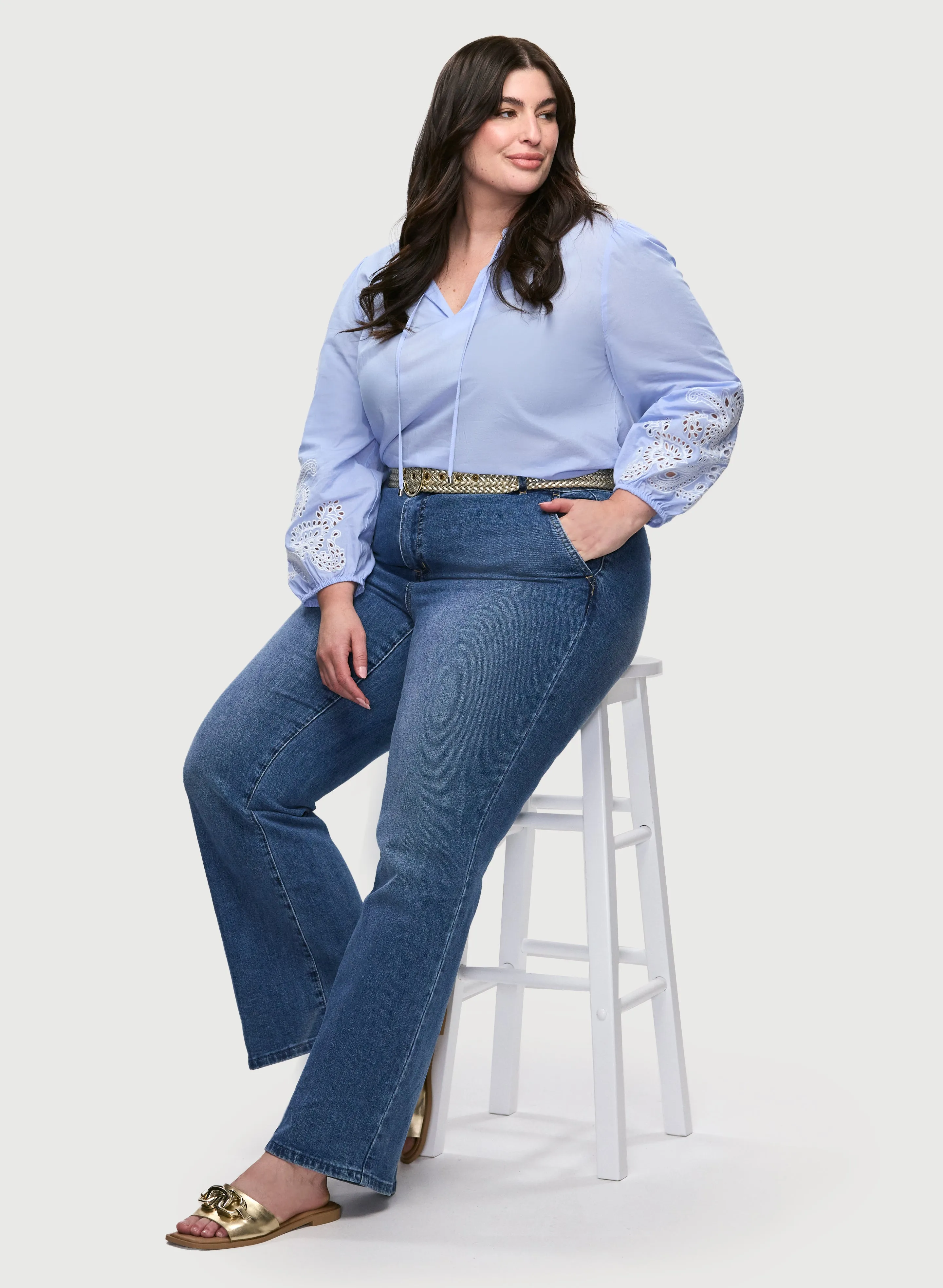 Embroidered Bouffant Sleeve Blouse & Flare Leg Denim Pants sold by Laura