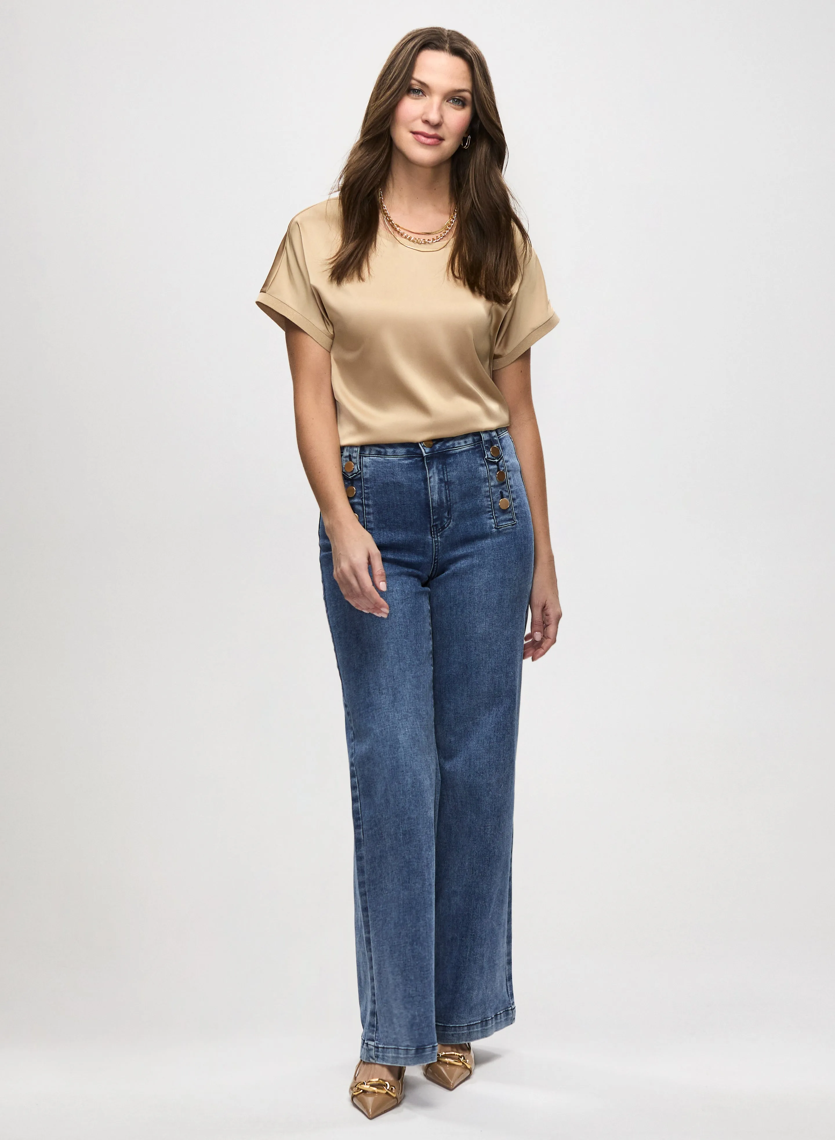 Satin Cap Sleeve Top & Wide Leg Jeans sold by Laura