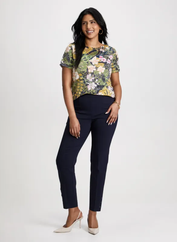 Openwork Floral Top & Slim Pull-On Ankle Pants sold by Laura