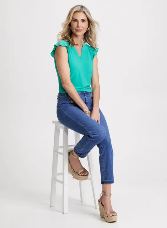 Flutter Sleeve Top & Straight-Leg Jeans sold by Laura