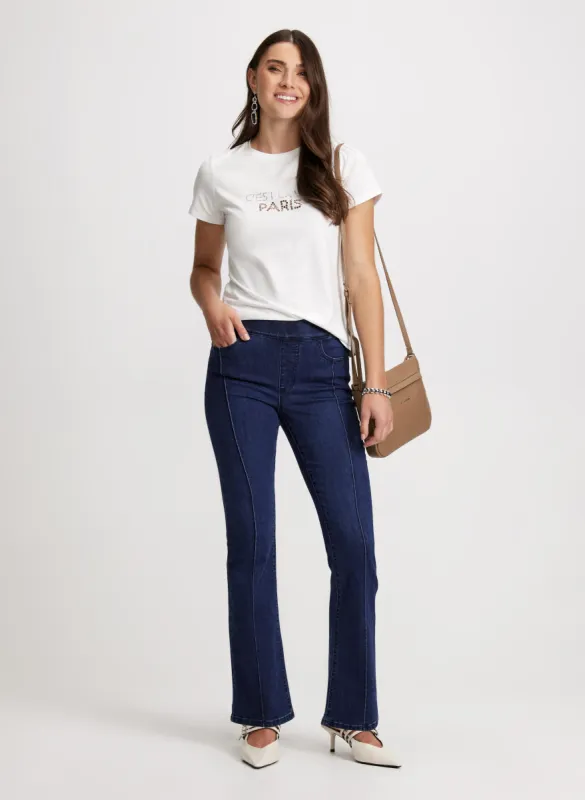 Embellished Slogan Tee & Pull-On Bootcut Jeans sold by Laura
