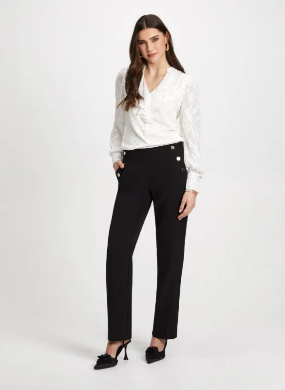 Mixed Print Ruffle Front Blouse & Straight Leg Pants sold by Laura
