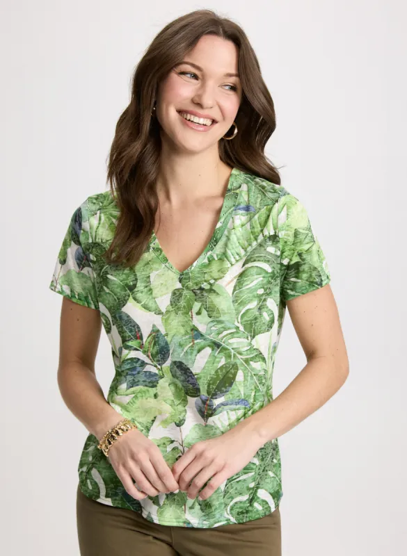 Leaf Print V-Neck Tee sold by Laura