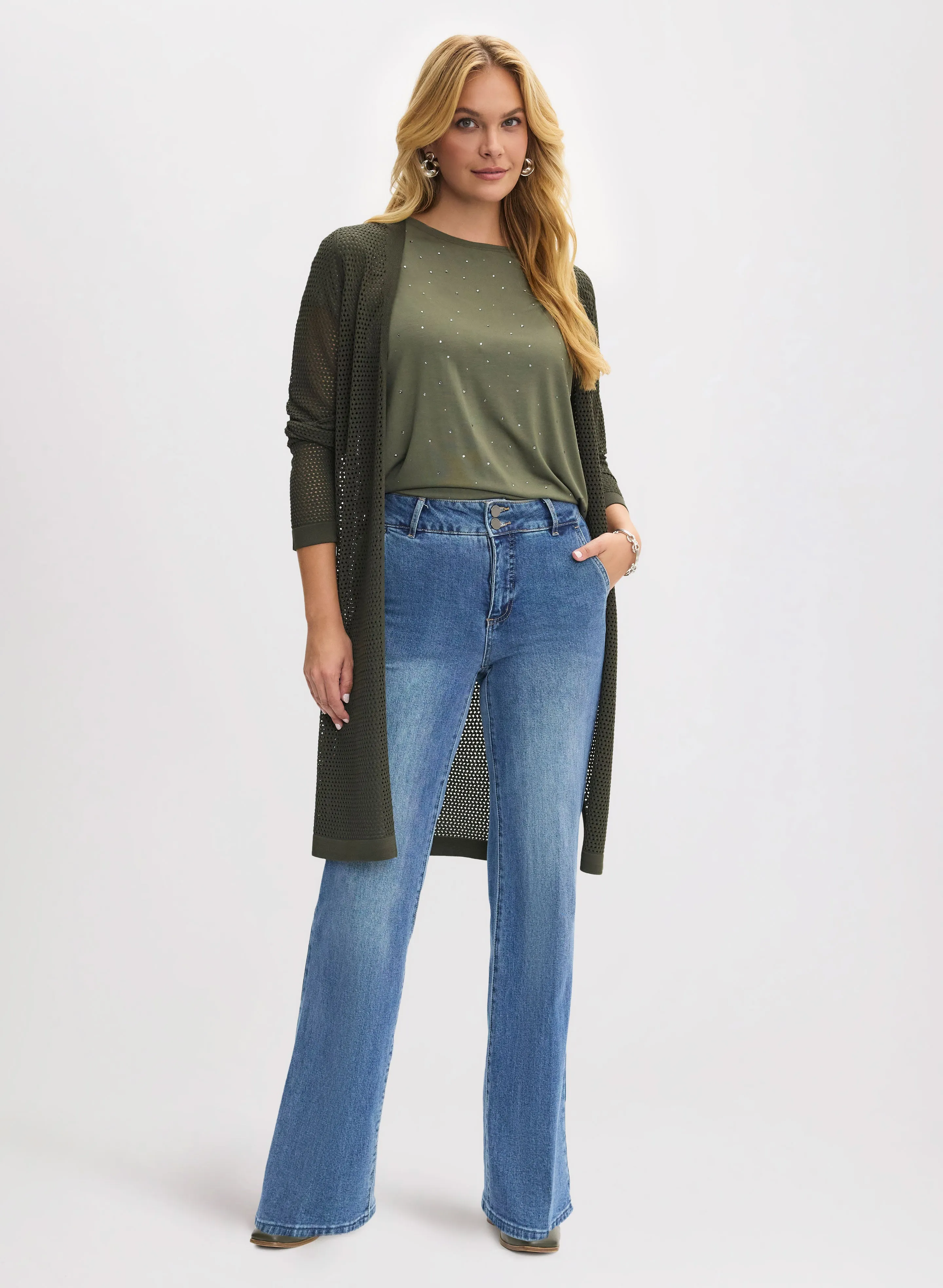 Open-Stitch Cardigan & Denim Pants sold by Laura