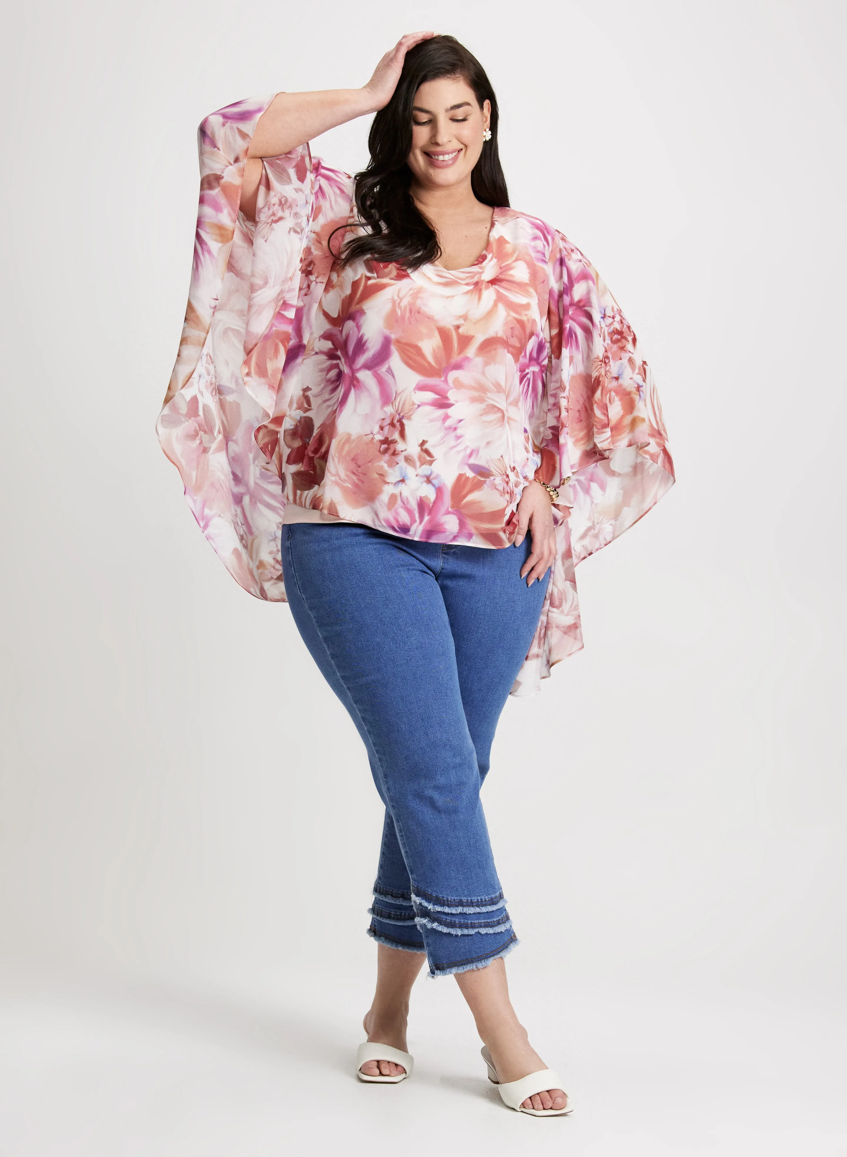 Asymmetric Floral Print Blouse & Pull-On Frayed Capri Jeans sold by Laura