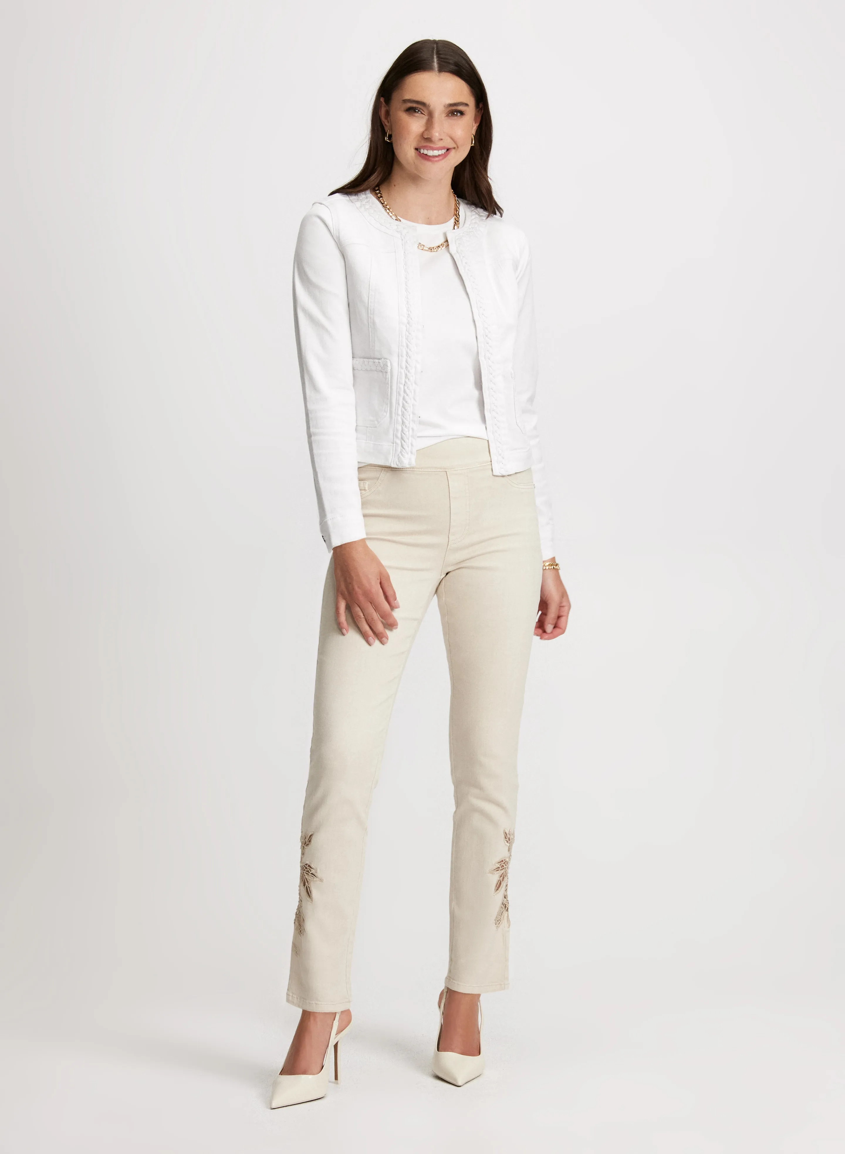 Braided Trim Denim Jacket & Rose Applique Jeans sold by Laura