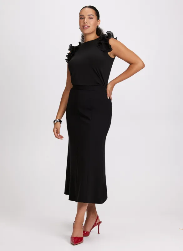 Sleeveless Ruffled Shoulder Top & Panel Insert A-Line Skirt sold by Laura
