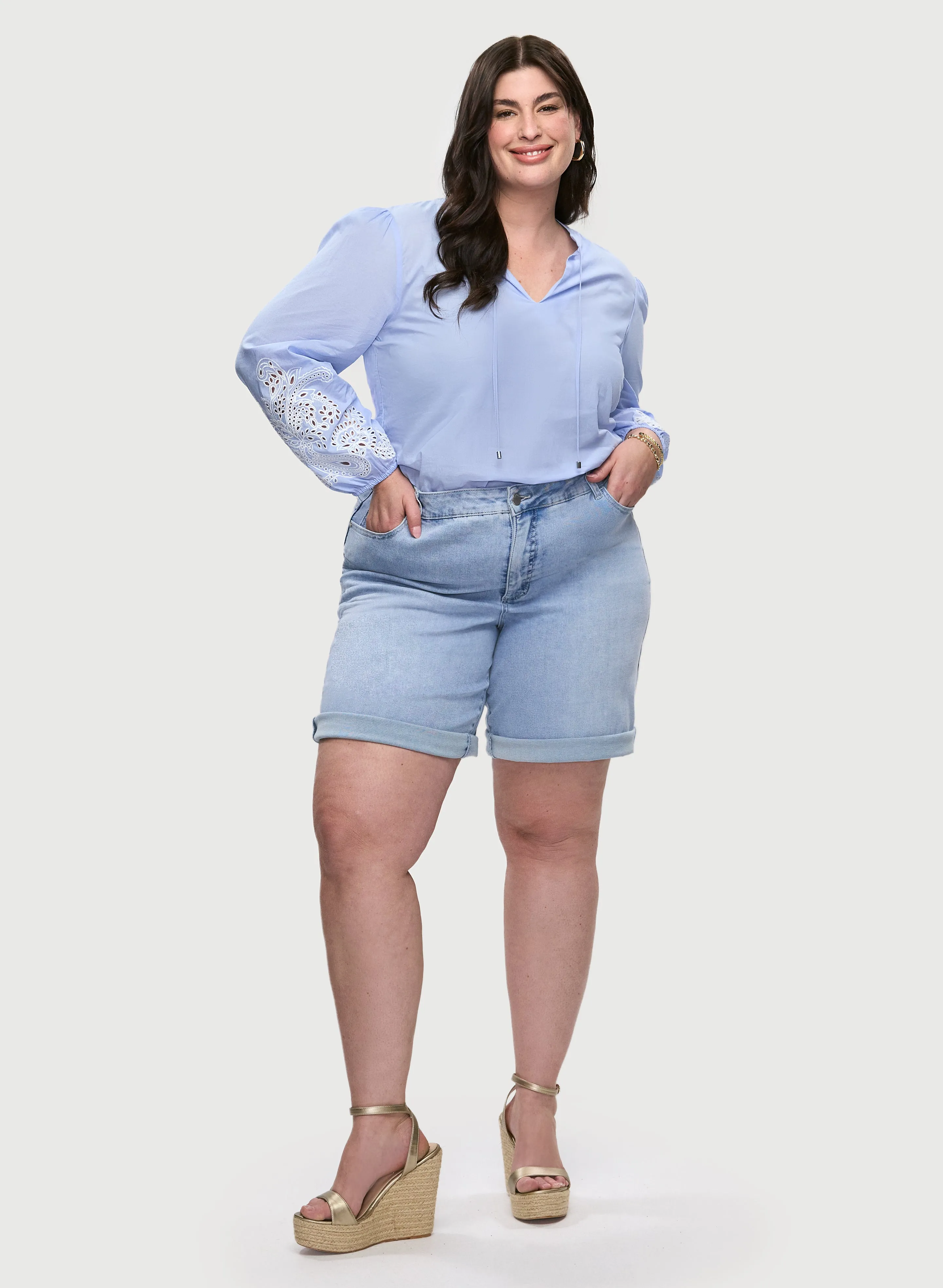 Embroidered Bouffant Sleeve Blouse & Denim Bermuda Shorts sold by Laura
