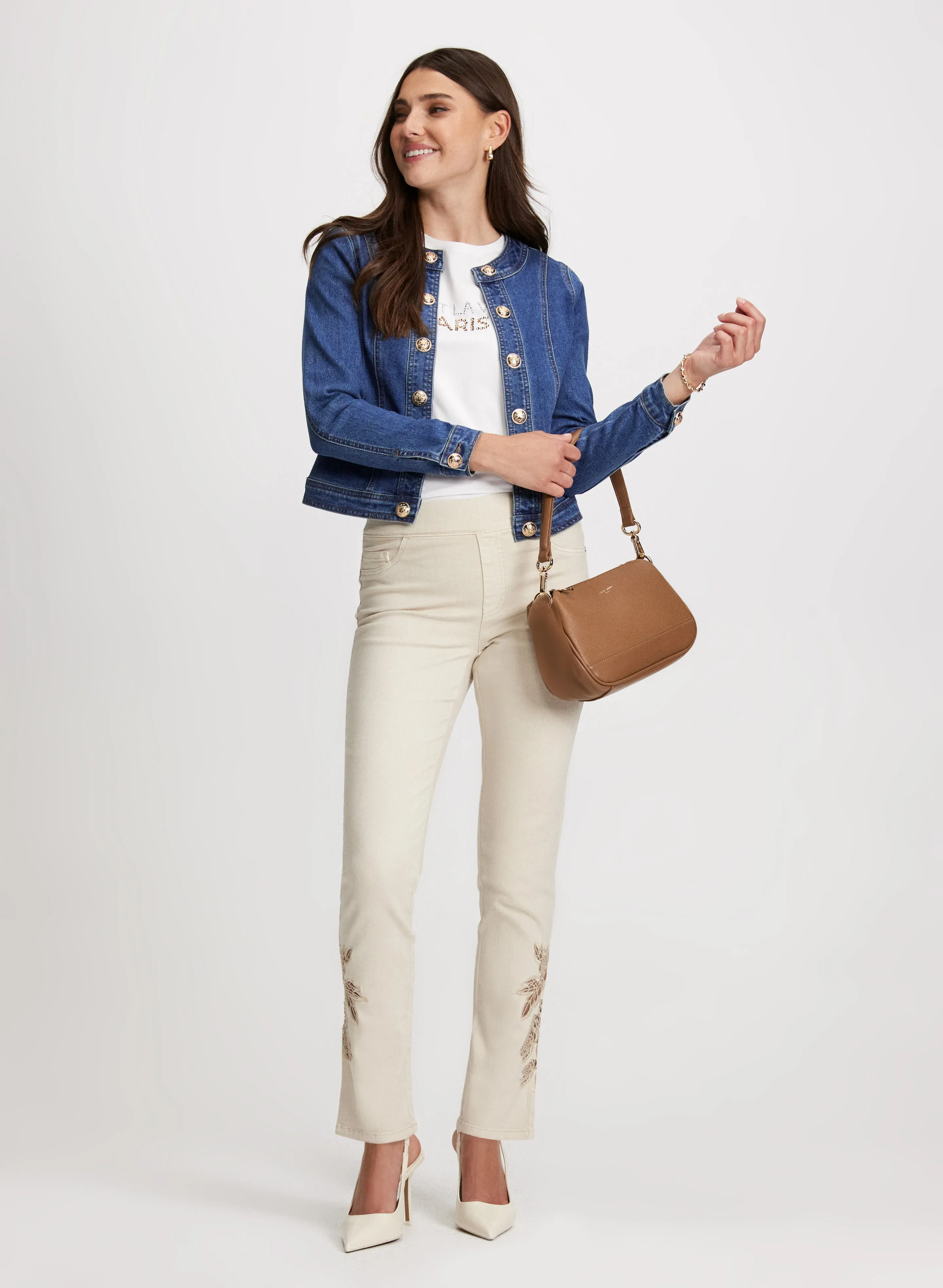 Button Trim Denim Jacket & Rose Applique Pull-On Jeans sold by Laura