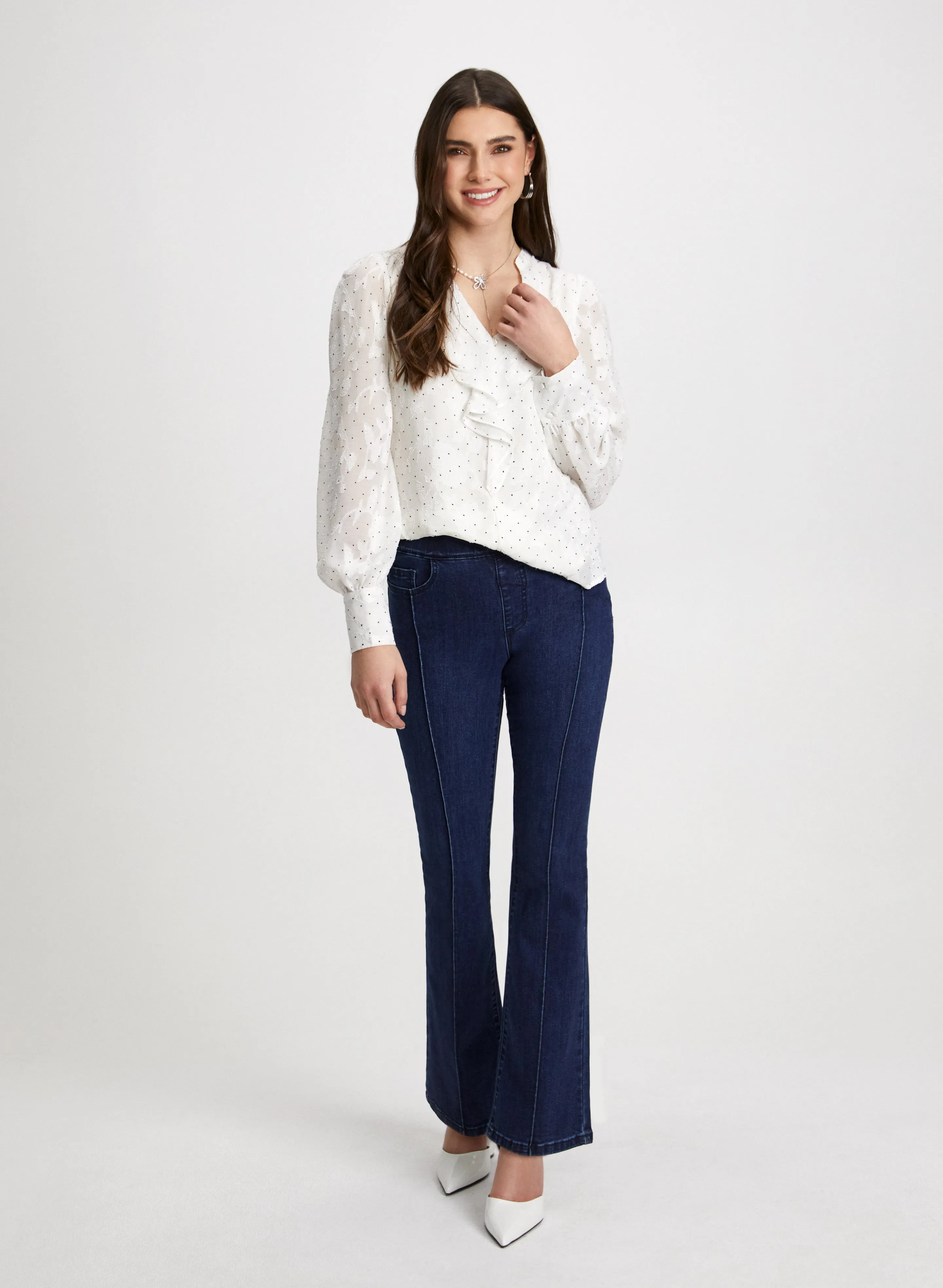 Mixed Print Ruffle Front Blouse & Bootcut Jeans sold by Laura