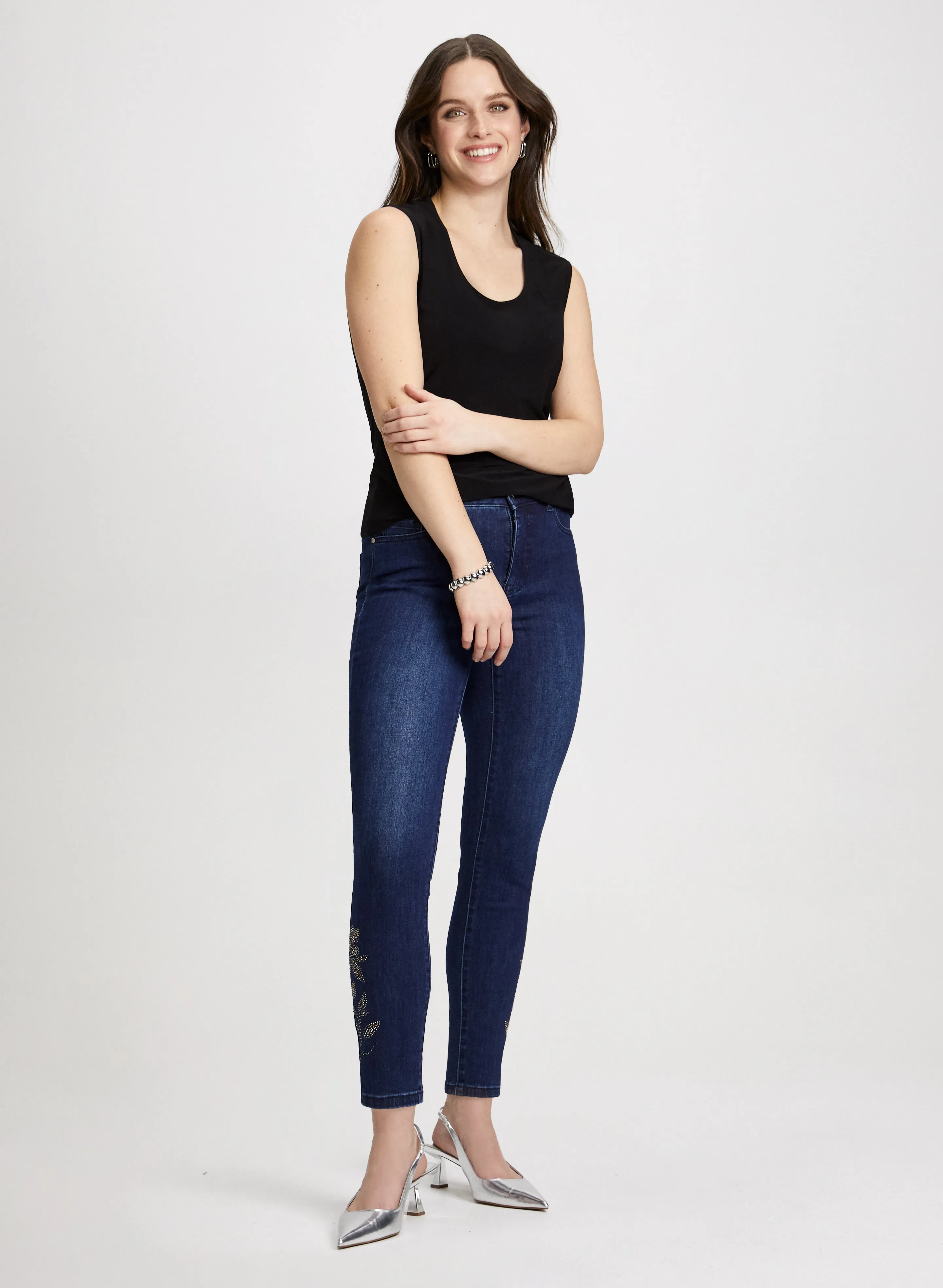 Sleeveless Horseshoe Neckline Top & Embellished Hem Jeans sold by Laura