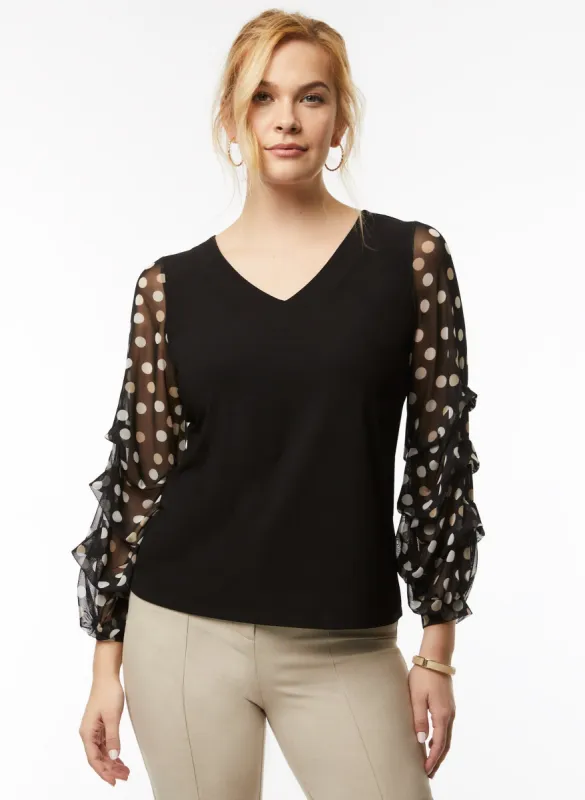 Polka Dot Print Ruffle Sleeve Top sold by Laura