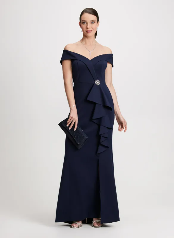 Crystal Brooch Off-the-Shoulder Dress sold by Laura