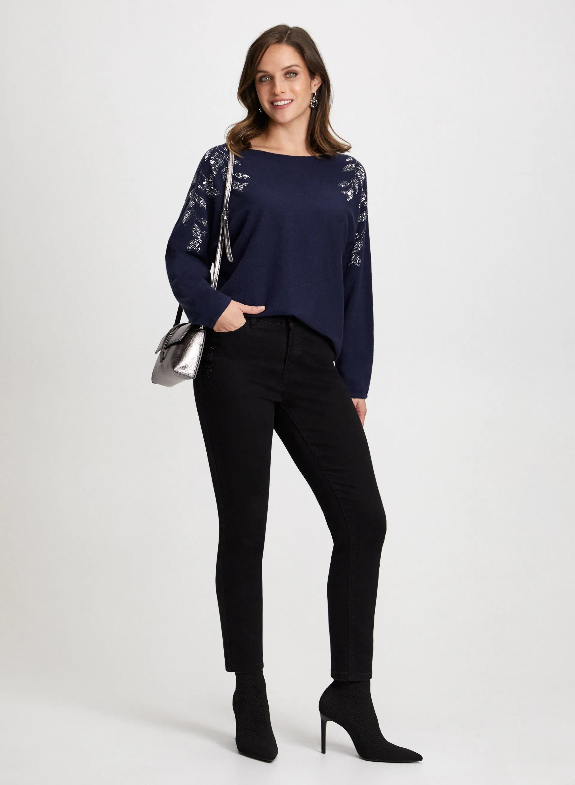 Leaf Motif Sweater & Rhinestone Detail Jeans sold by Laura