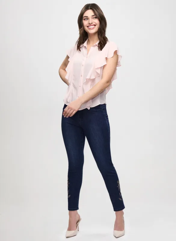 Ruffle Front Cap Sleeve Blouse & Embellished Hem Ankle Jeans sold by Laura