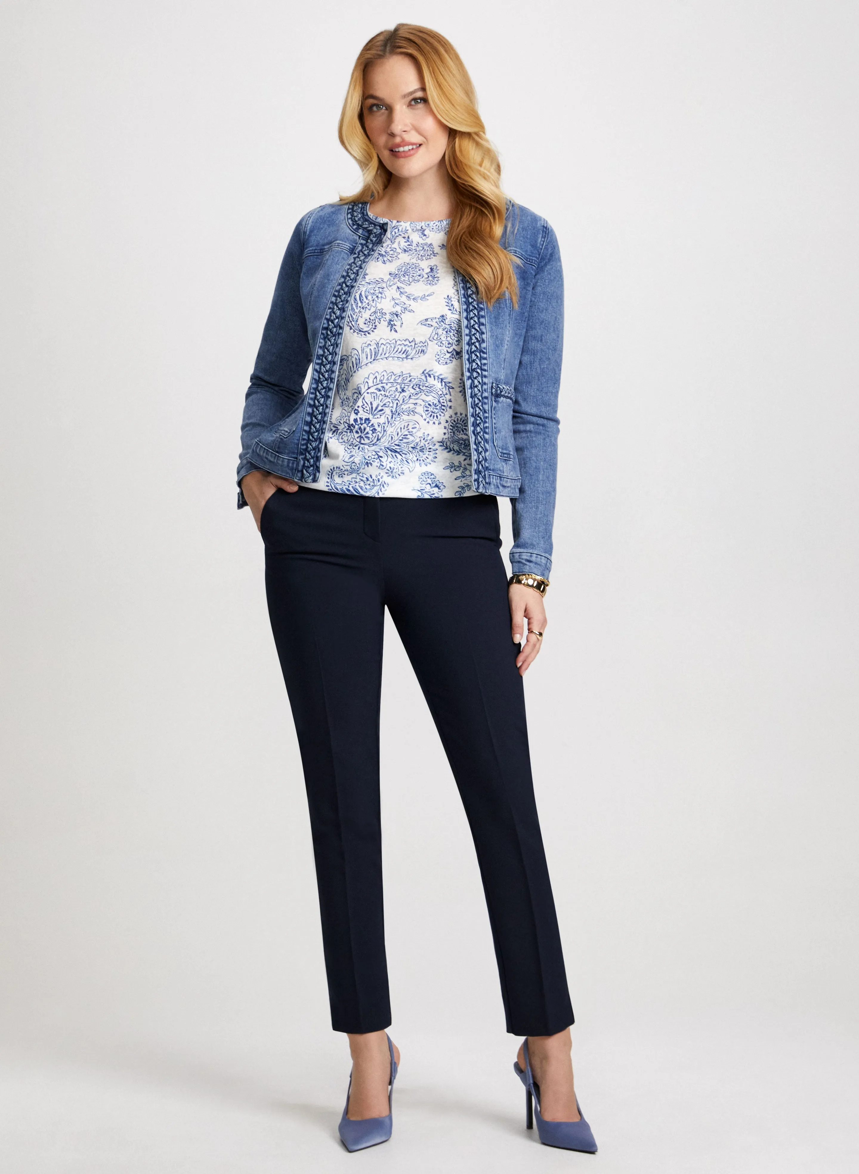 Braid Trim Denim Jacket & Slim Leg Ankle Pants sold by Laura