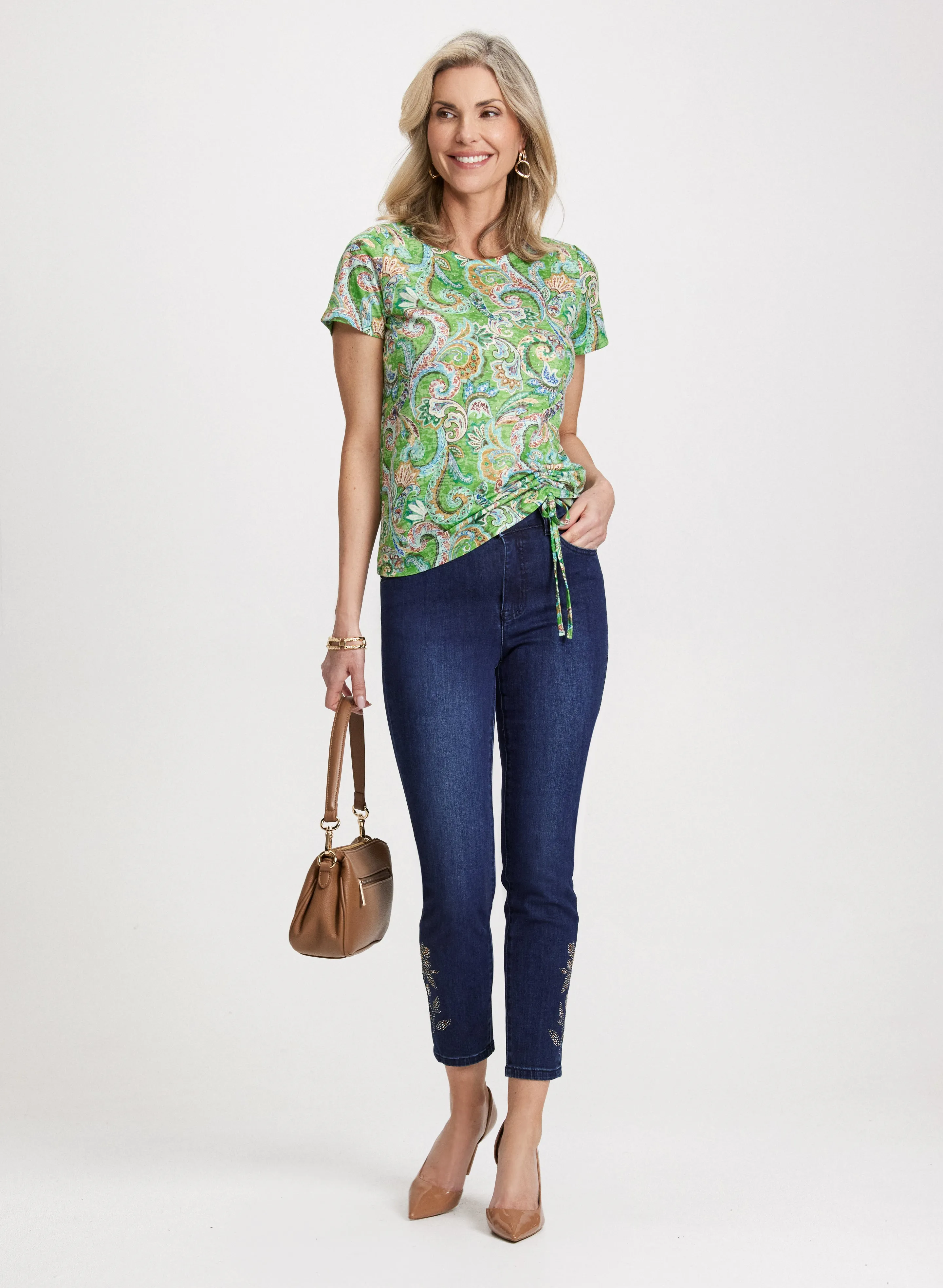 Drawstring Detail Paisley T-Shirt & Embellished-Hem Ankle Jeans sold by Laura
