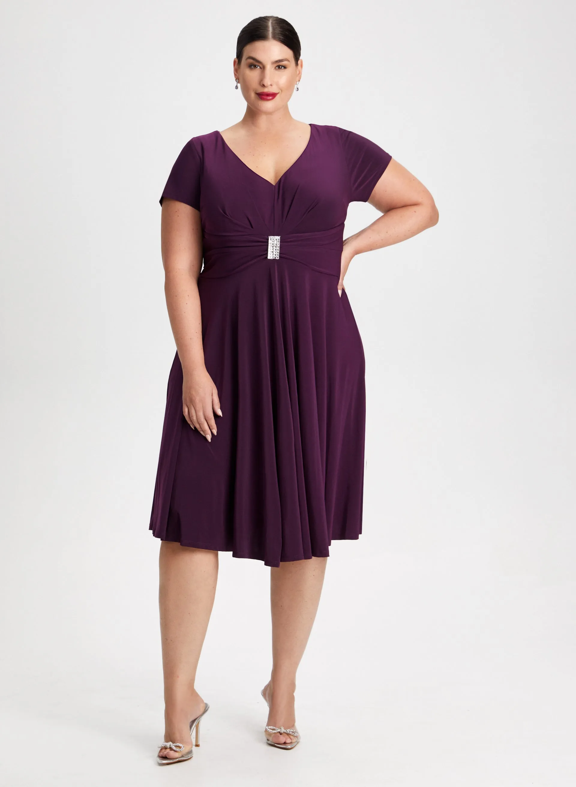 Brooch Detail V-Neck Dress sold by Laura