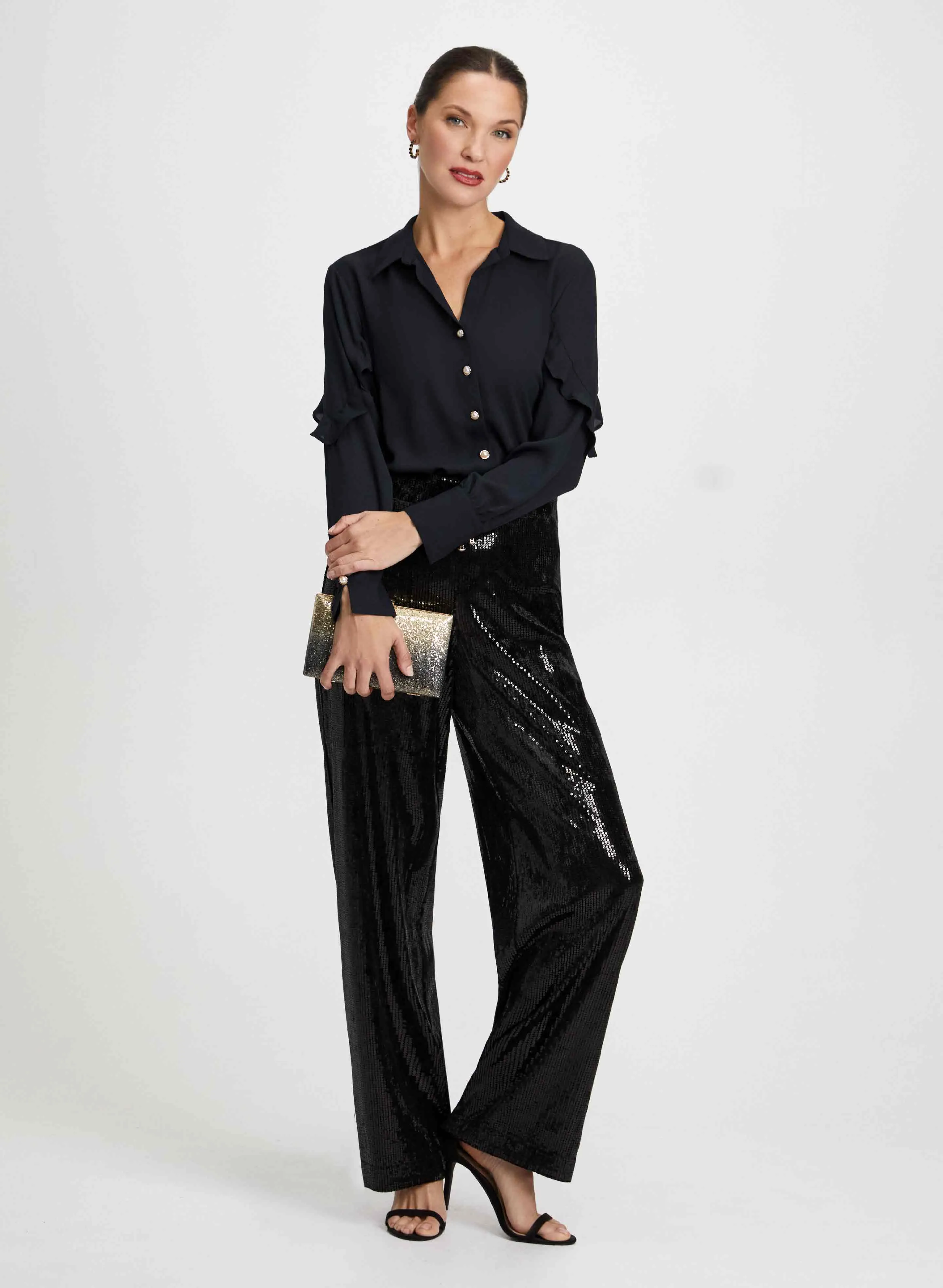 Ruffle Sleeve Blouse & Sequin Pants sold by Laura