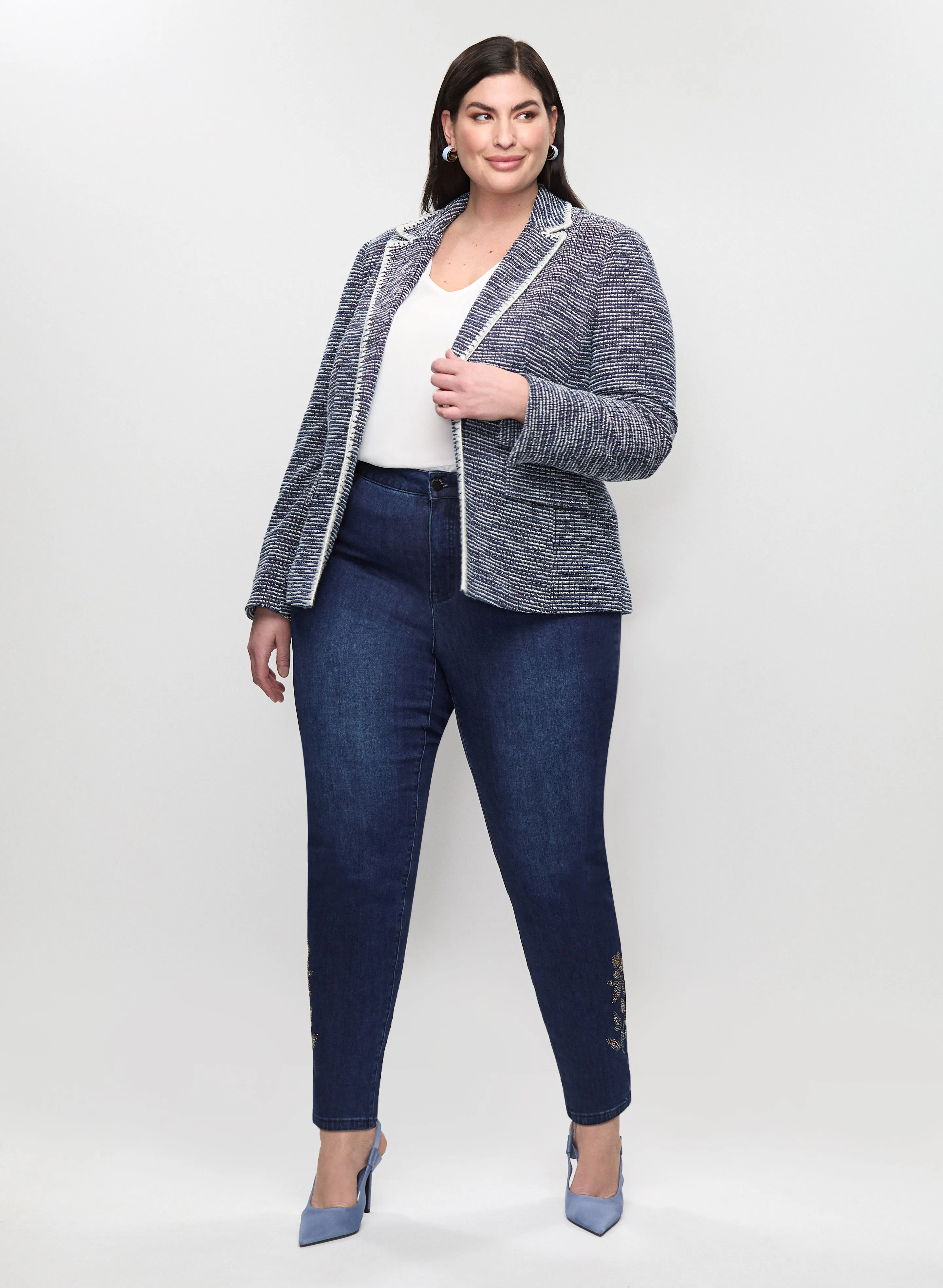Tweed Single Button Jacket & Embellished Hem Jeans sold by Laura