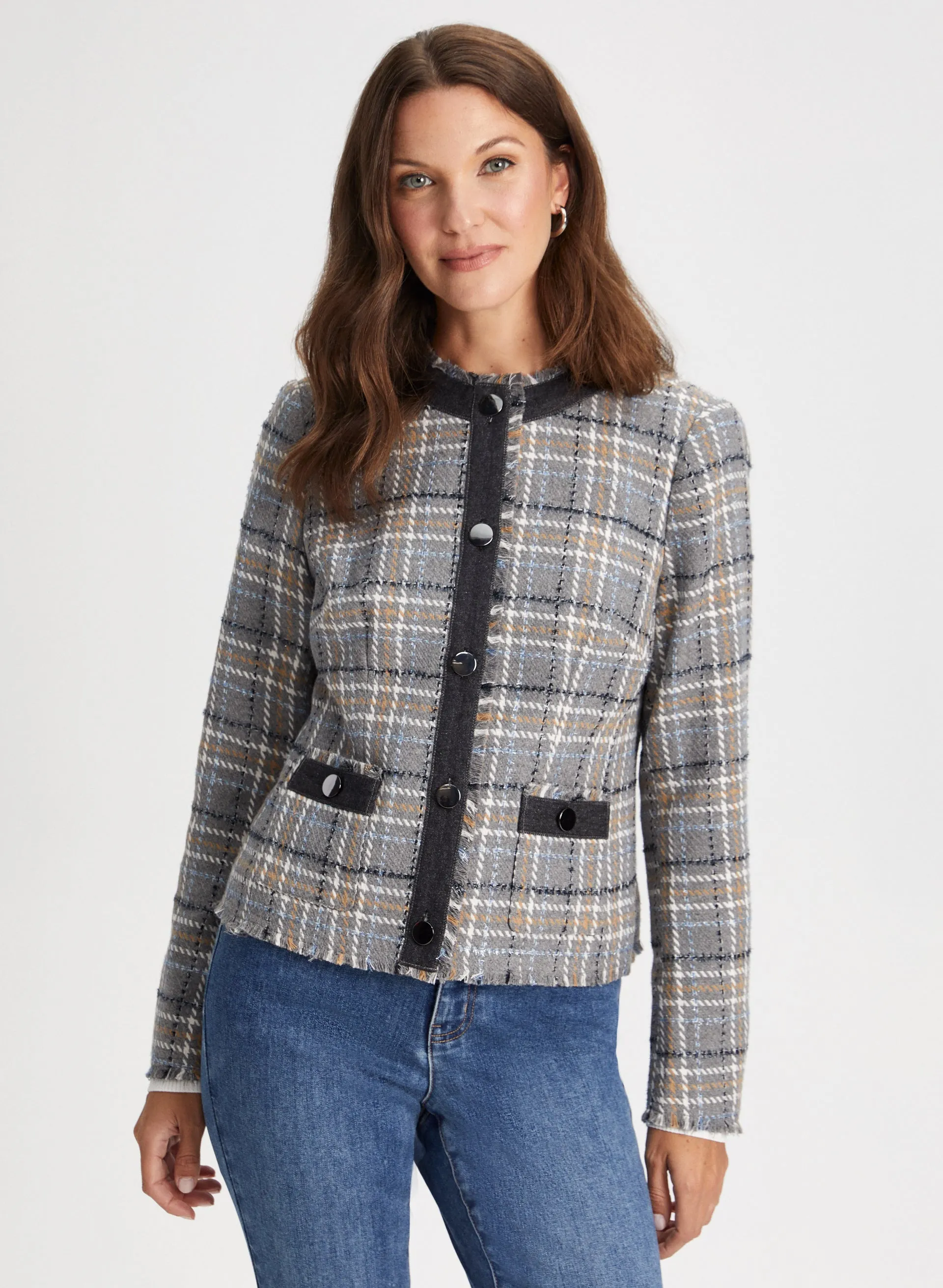 Plaid Contrast Trim Jacket sold by Laura