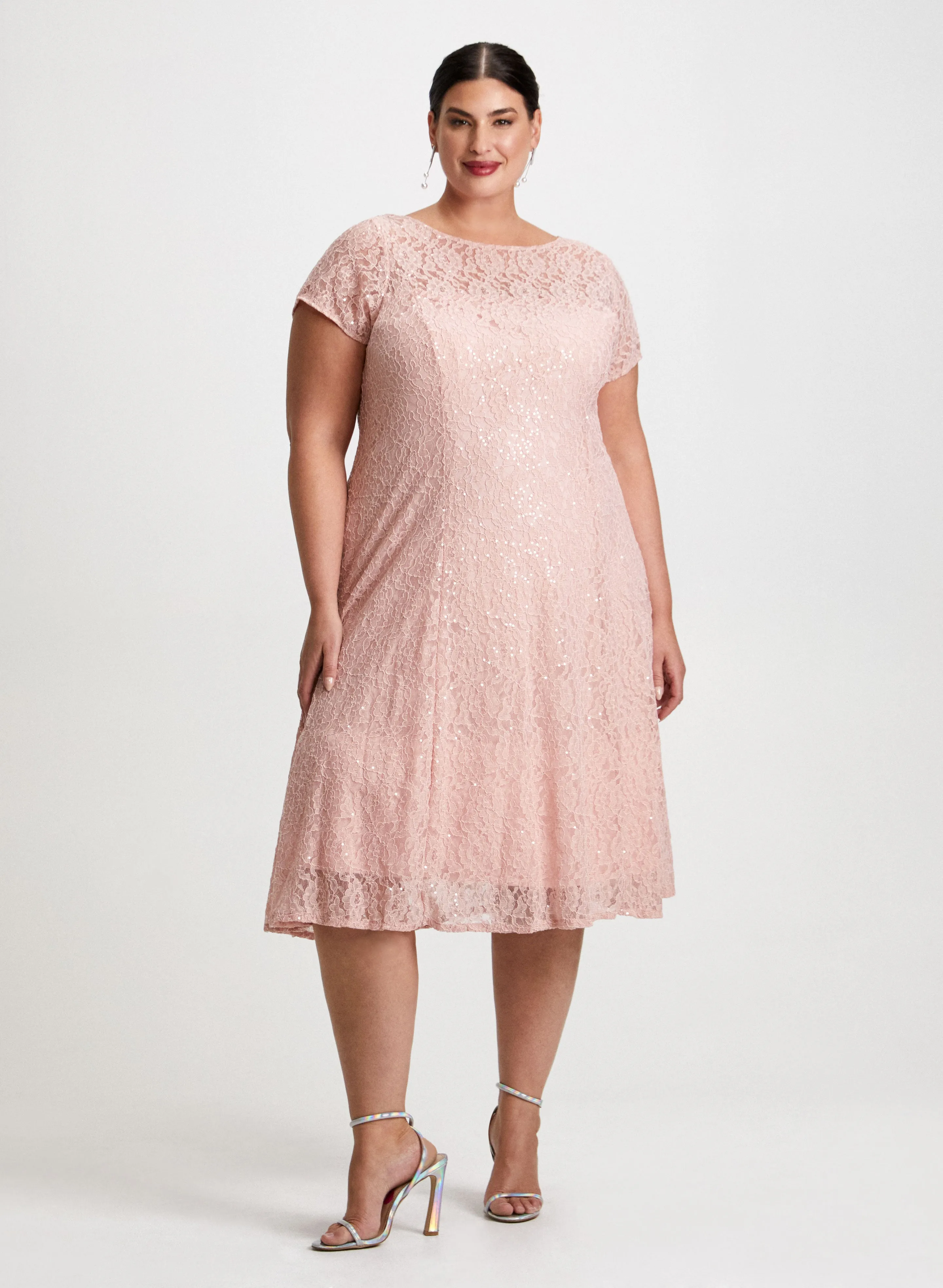 Sequin Lace Dress & Pearl Earrings sold by Laura