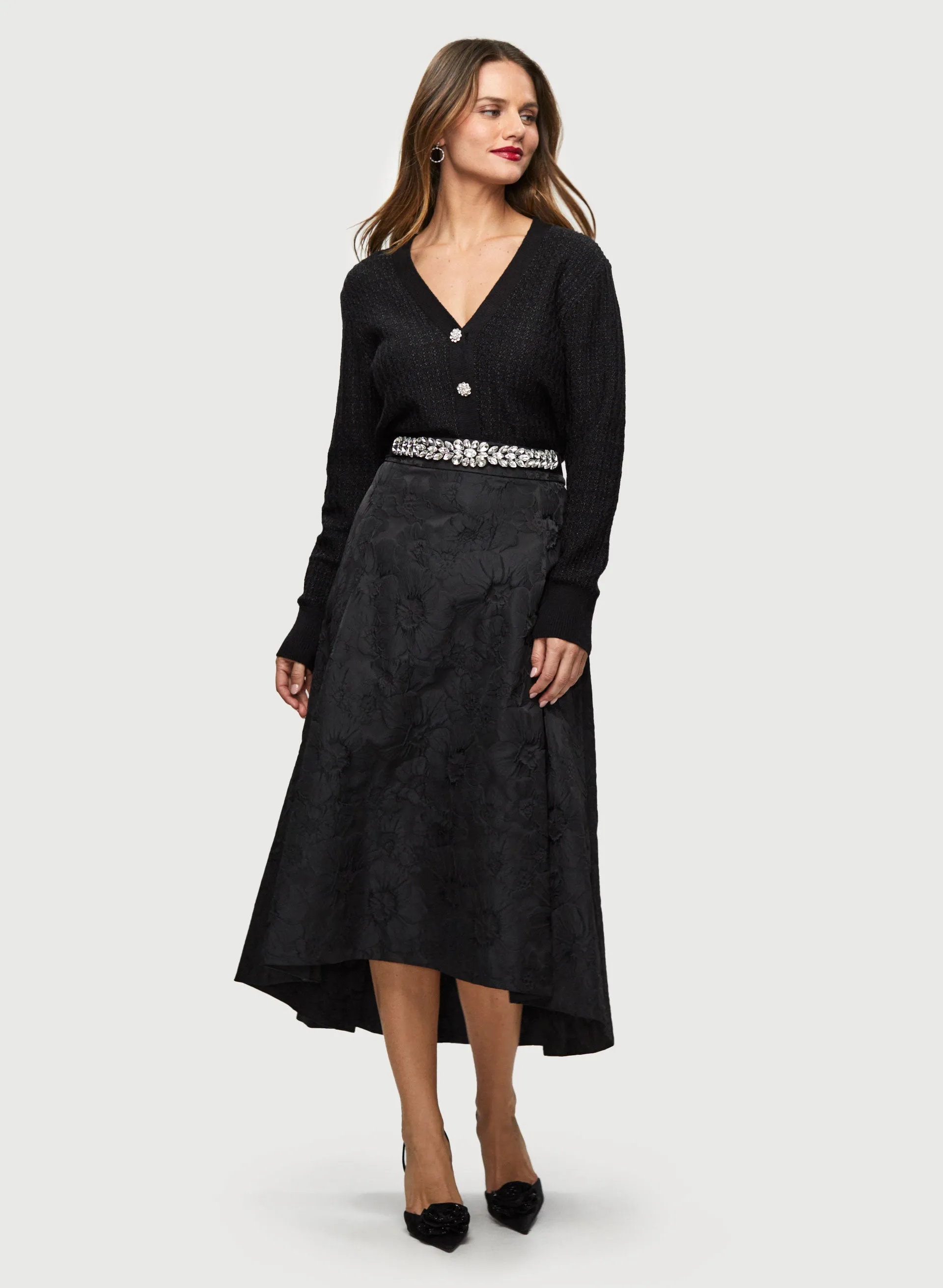 Crystal Button Cardigan & Asymmetric Skirt sold by Laura