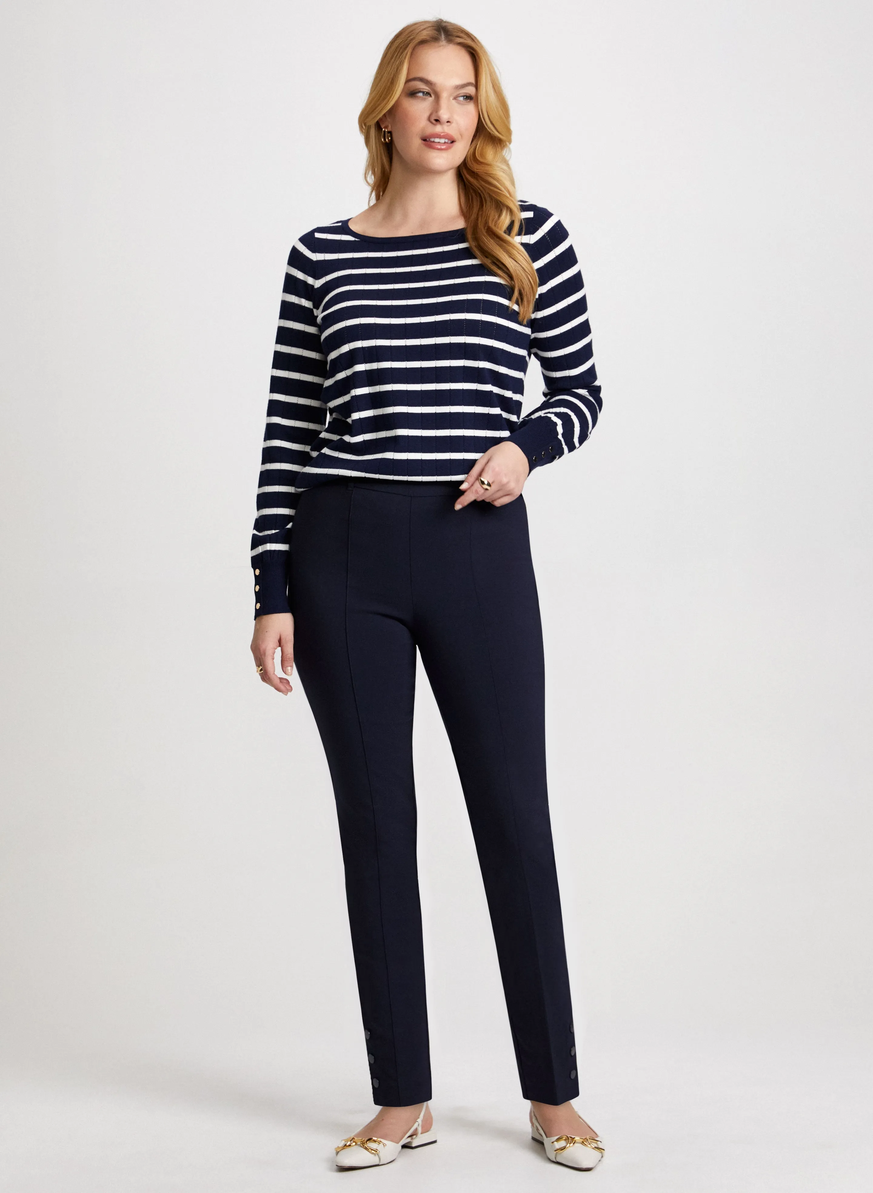 Decorative Button Striped Sweater & Slim Pull-On Ankle Pants sold by Laura