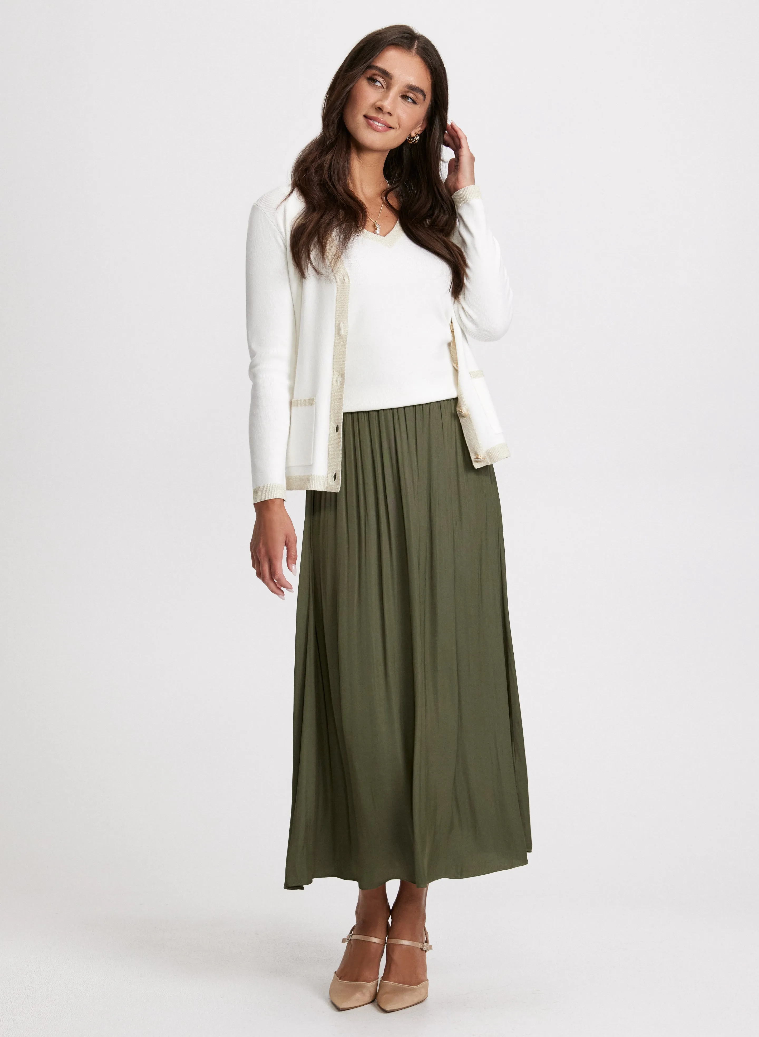 Button-Up Cardigan & Satin Skirt sold by Laura