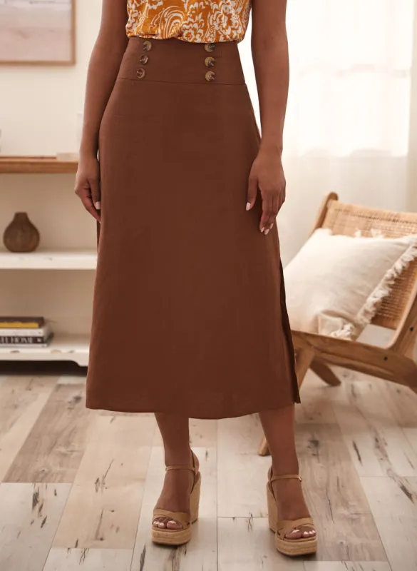 Button Detail Linen-Blend Skirt sold by Laura