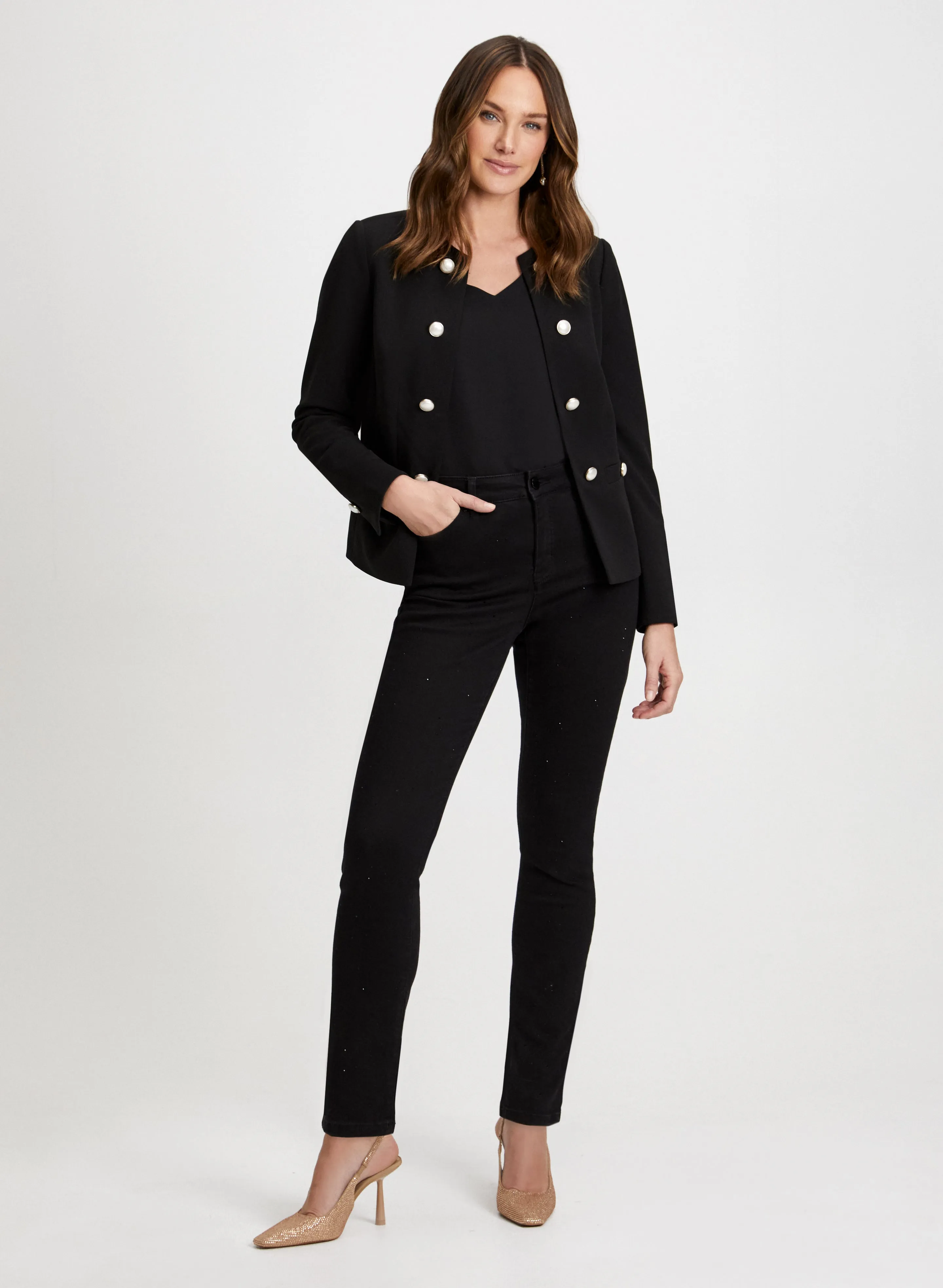 Pearl Button Jacket & Straight Leg Jeans sold by Laura
