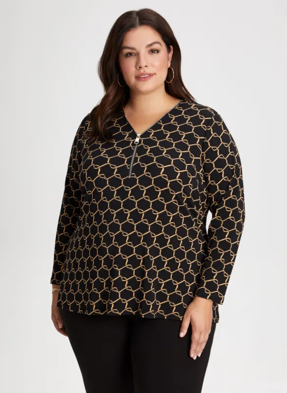 Geometric Print Zip Front Top sold by Laura