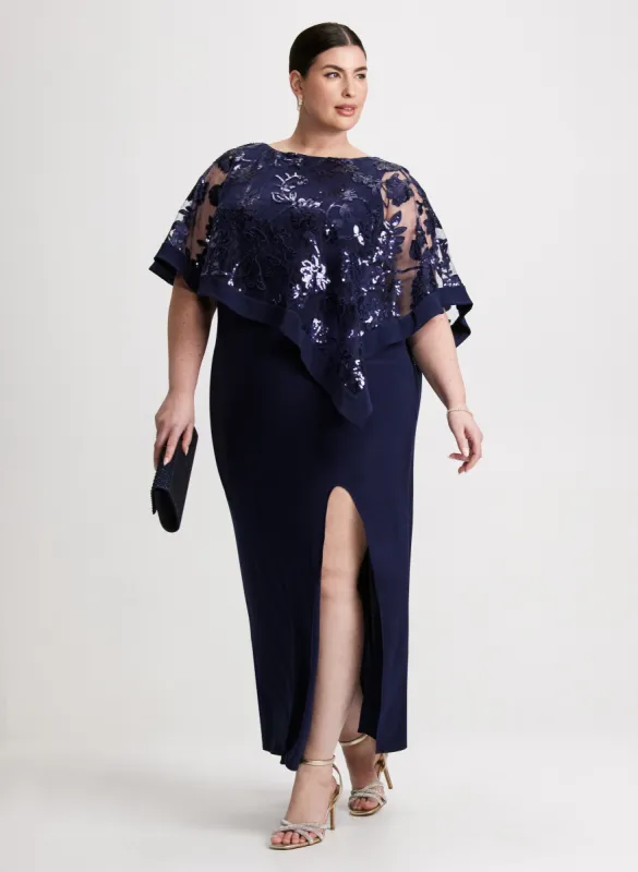 Sequined Poncho Overlay Sheath Dress sold by Laura