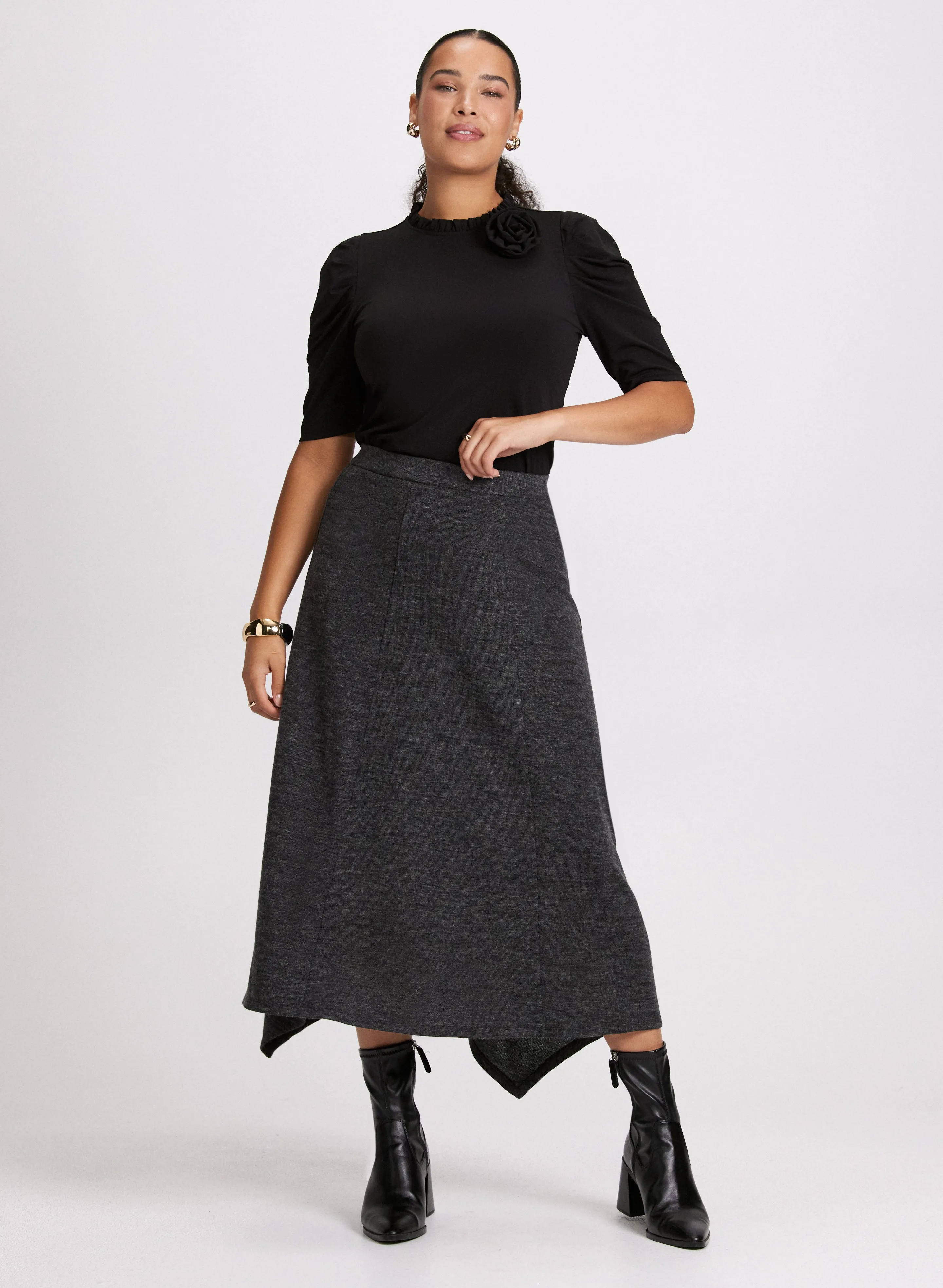 Detachable Rosette Knit Top & Asymmetric Hem Midi Skirt sold by Laura