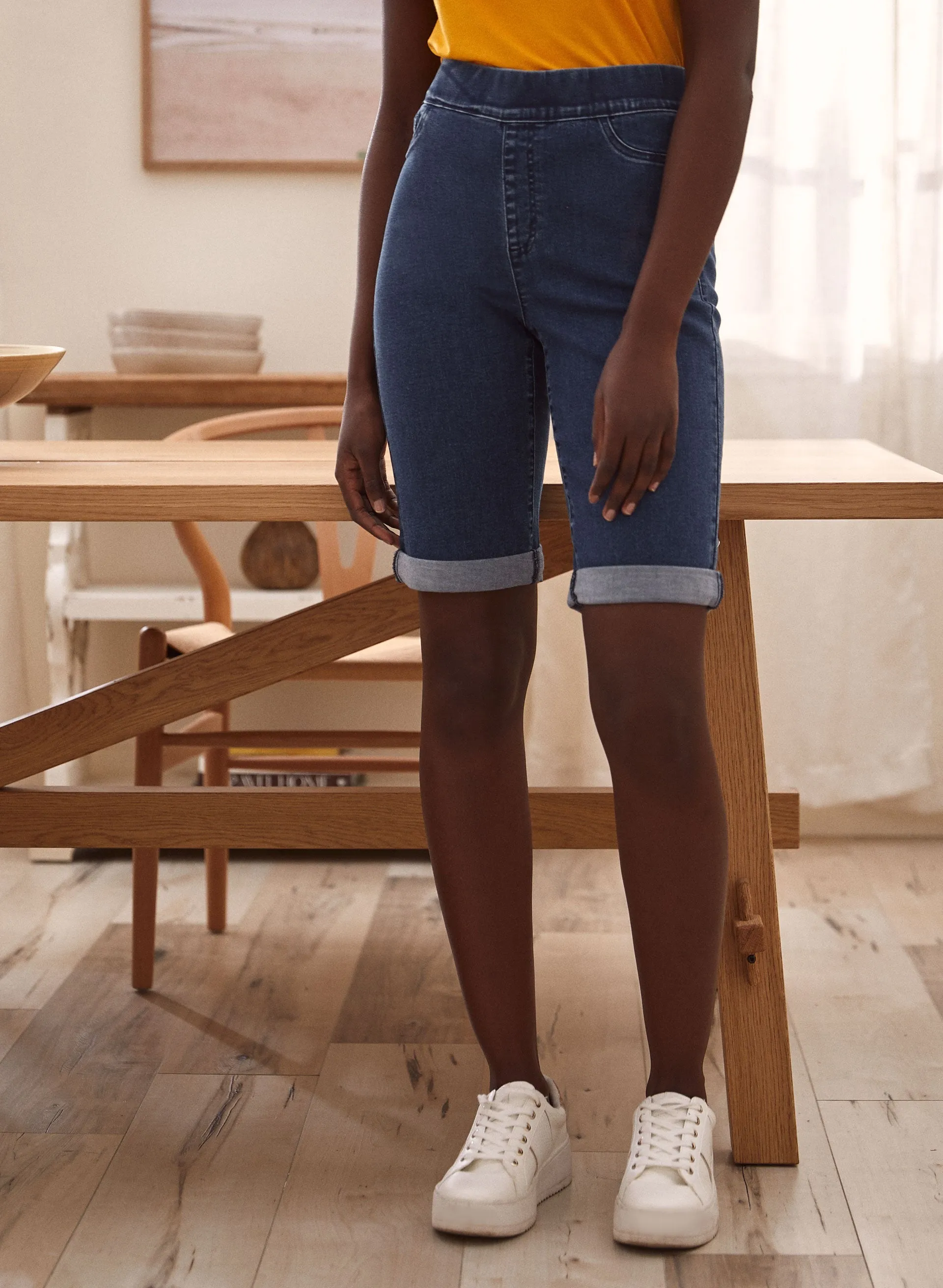 Embroidered Pocket Pull-On Denim Shorts sold by Laura