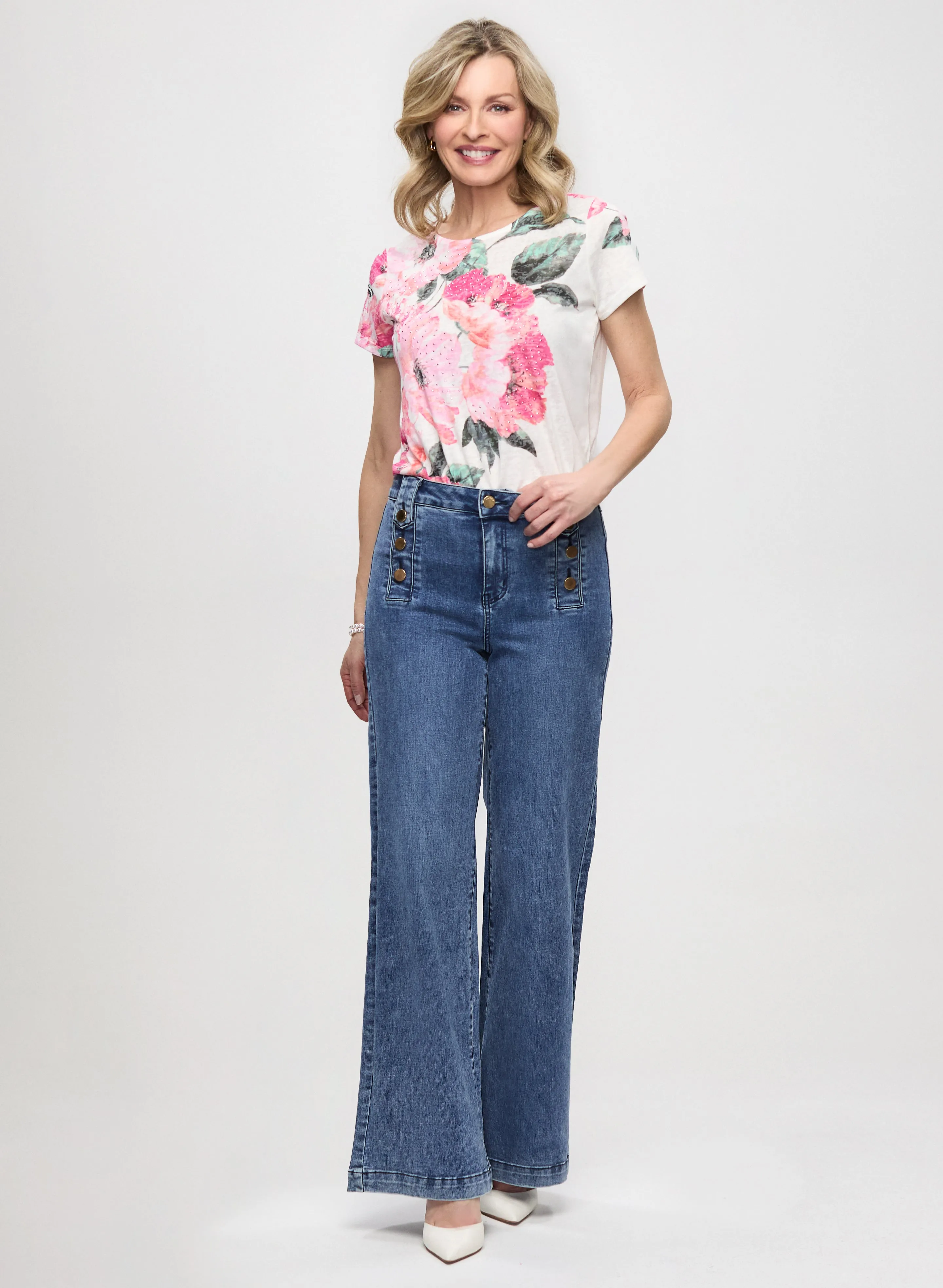 Floral Print Drawstring Tee & Wide Leg Jeans sold by Laura