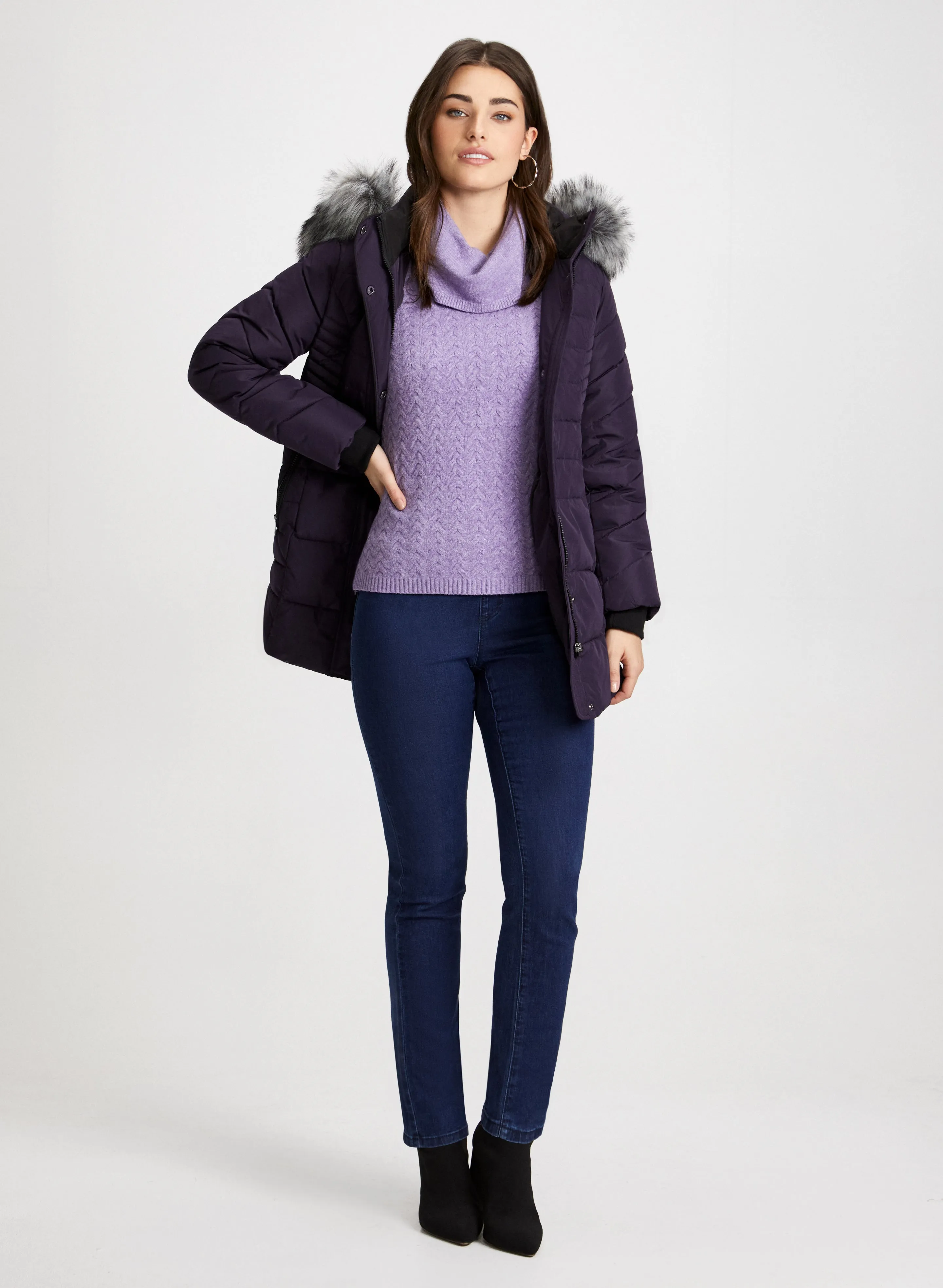 Quilted Coat & Cable Knit Sweater sold by Laura