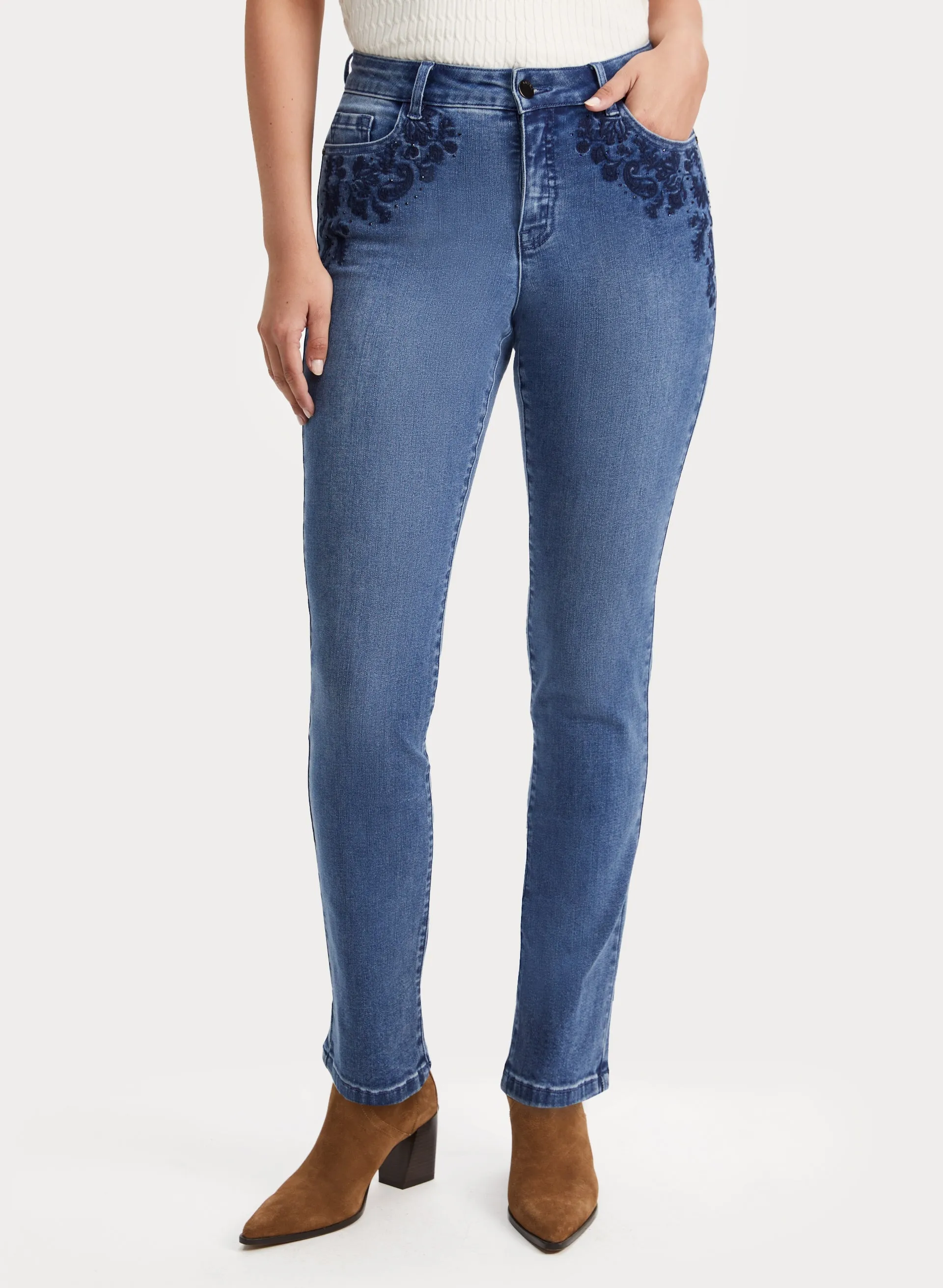 Embroidered Straight Leg Jeans sold by Laura