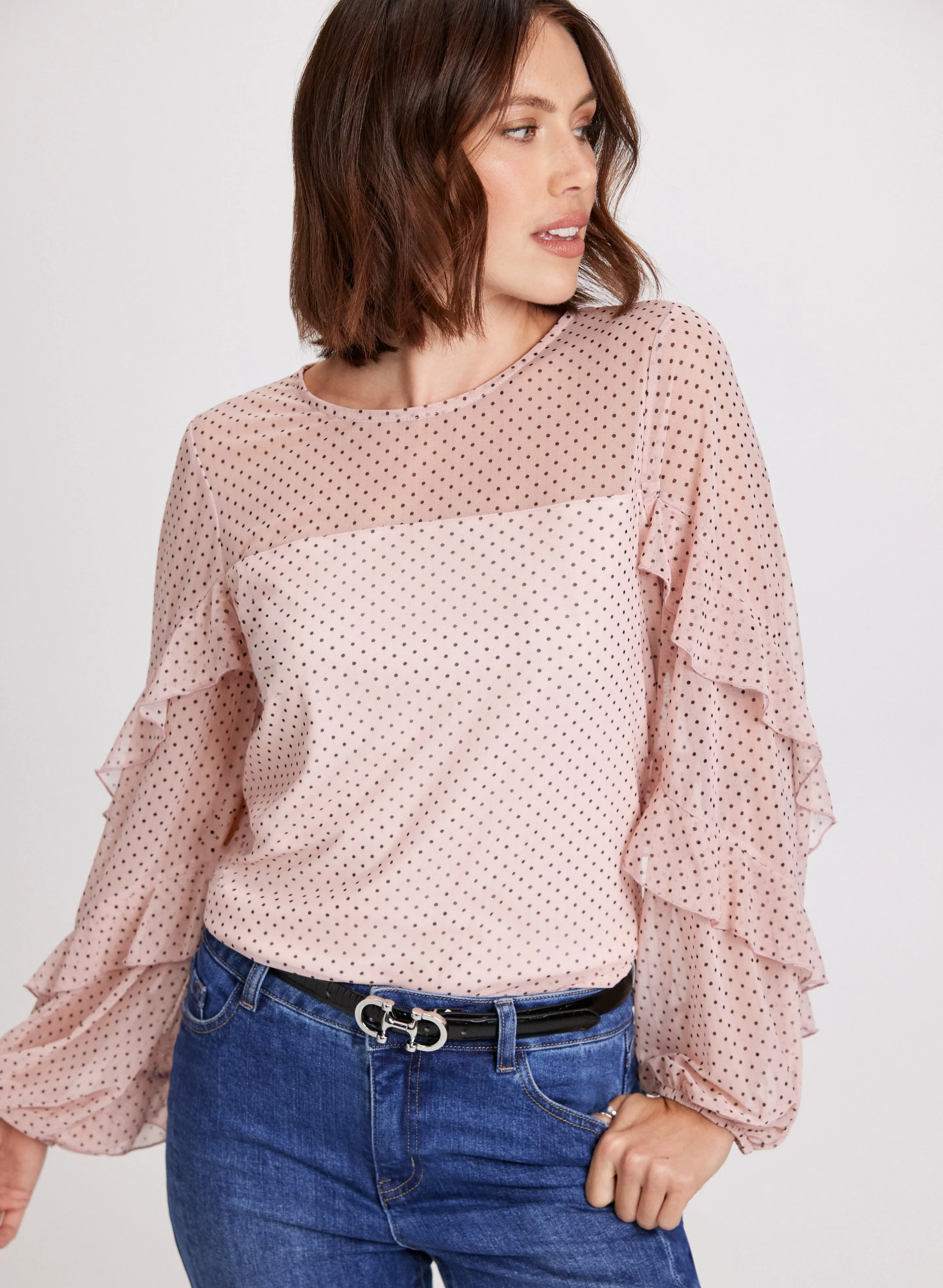 Polka Dot Ruffled Mesh Sleeves Top sold by Laura
