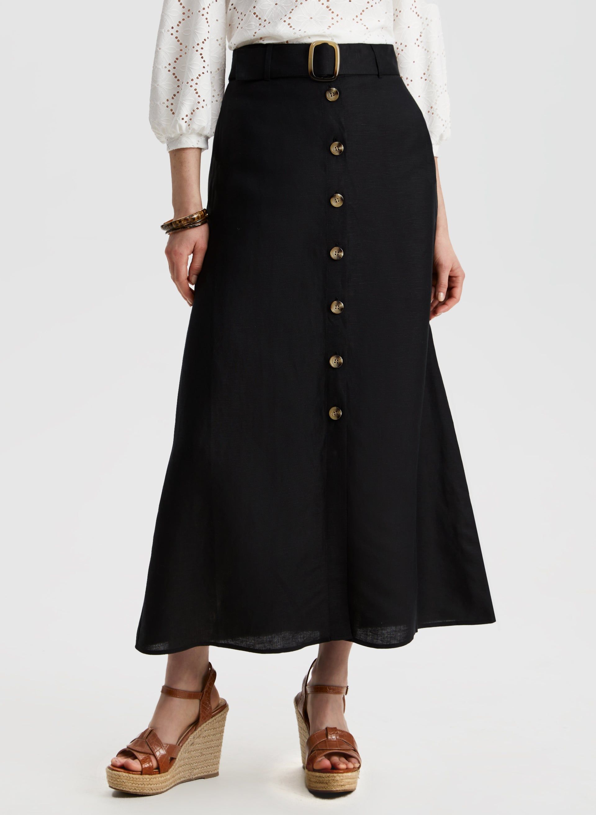 Button Front Linen-Blend Skirt sold by Laura