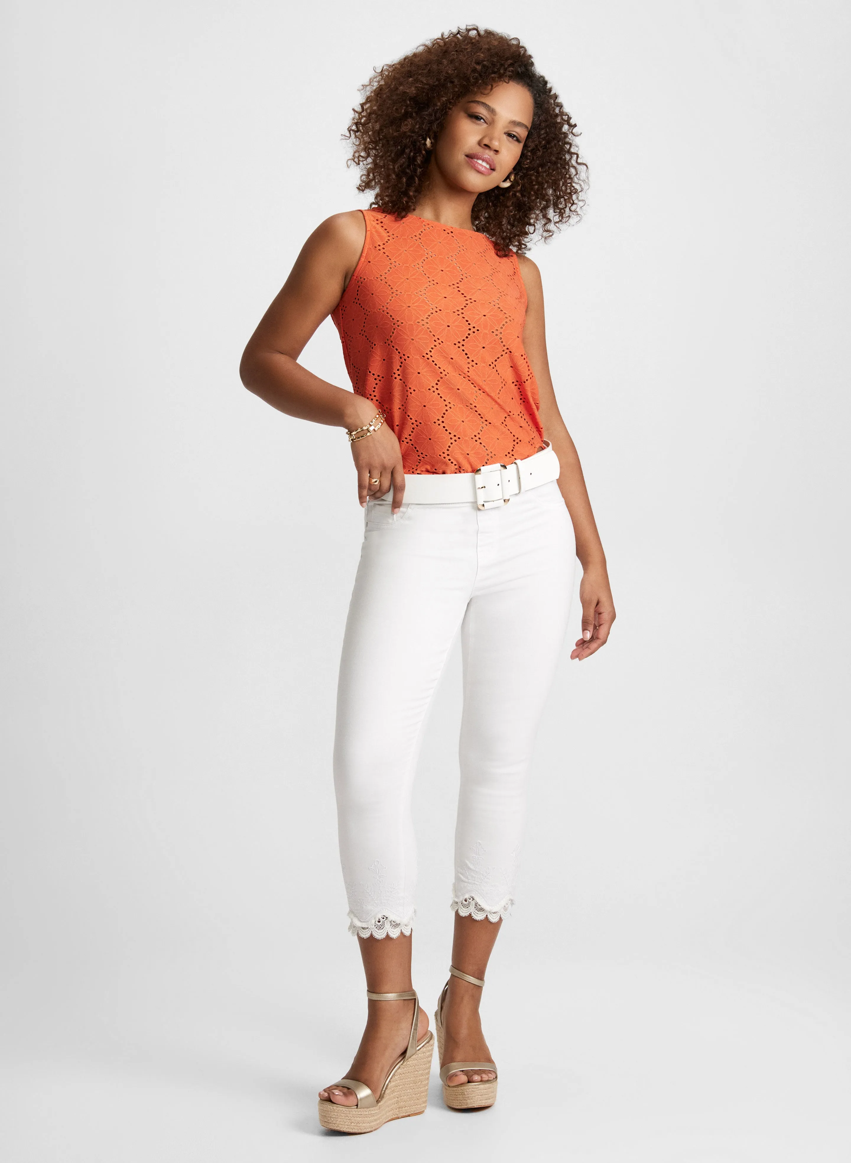 Sleeveless Boat-Neck Eyelet Top & Embroidered Hem Capri Jeans sold by Laura