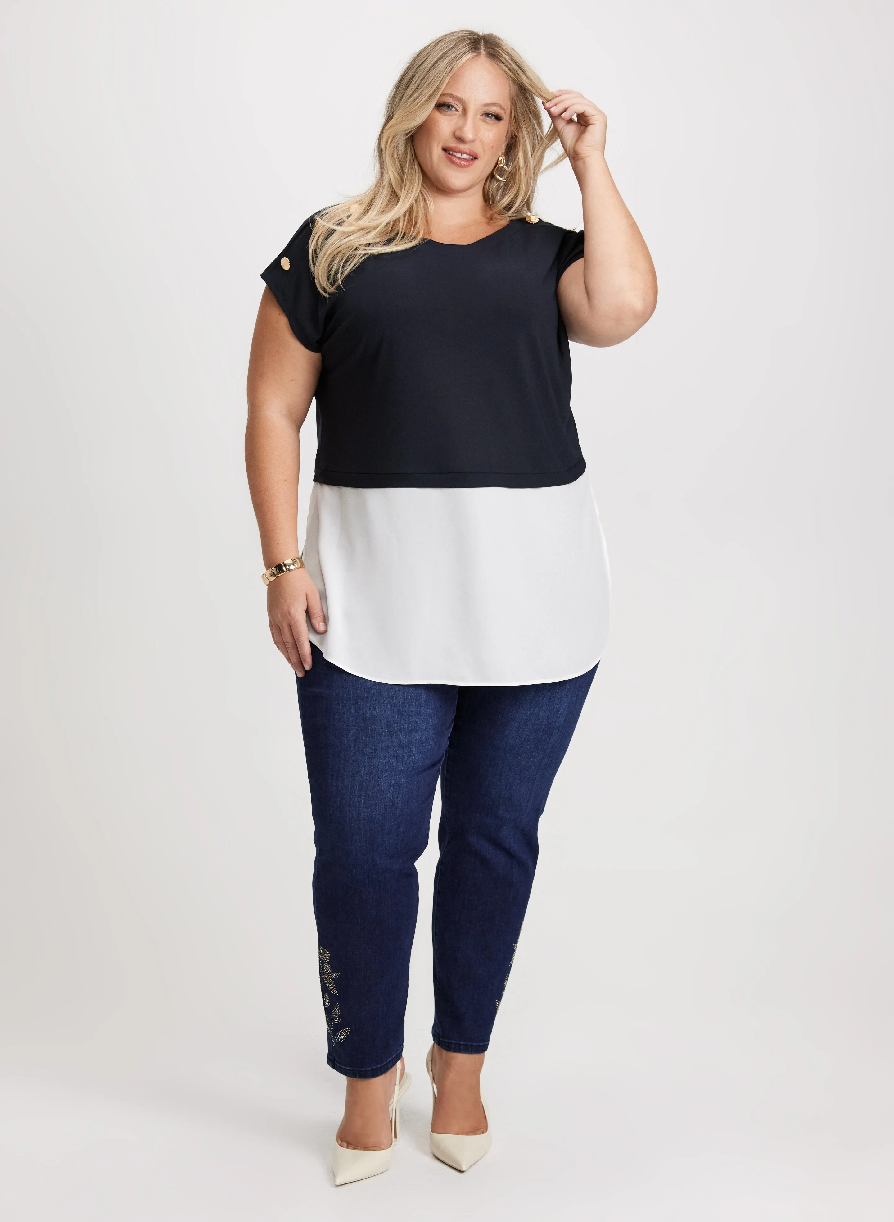 Decorative Buttons Colour Block Top & Embellished Hem Jeans sold by Laura