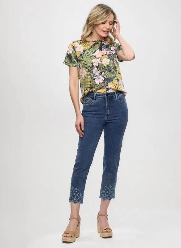 Openwork Floral Top & Embroidered Straight Leg Jeans sold by Laura
