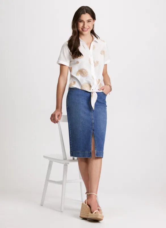 Button Down Paisley Embroidery Blouse & Slit-Hem Denim Skirt sold by Laura