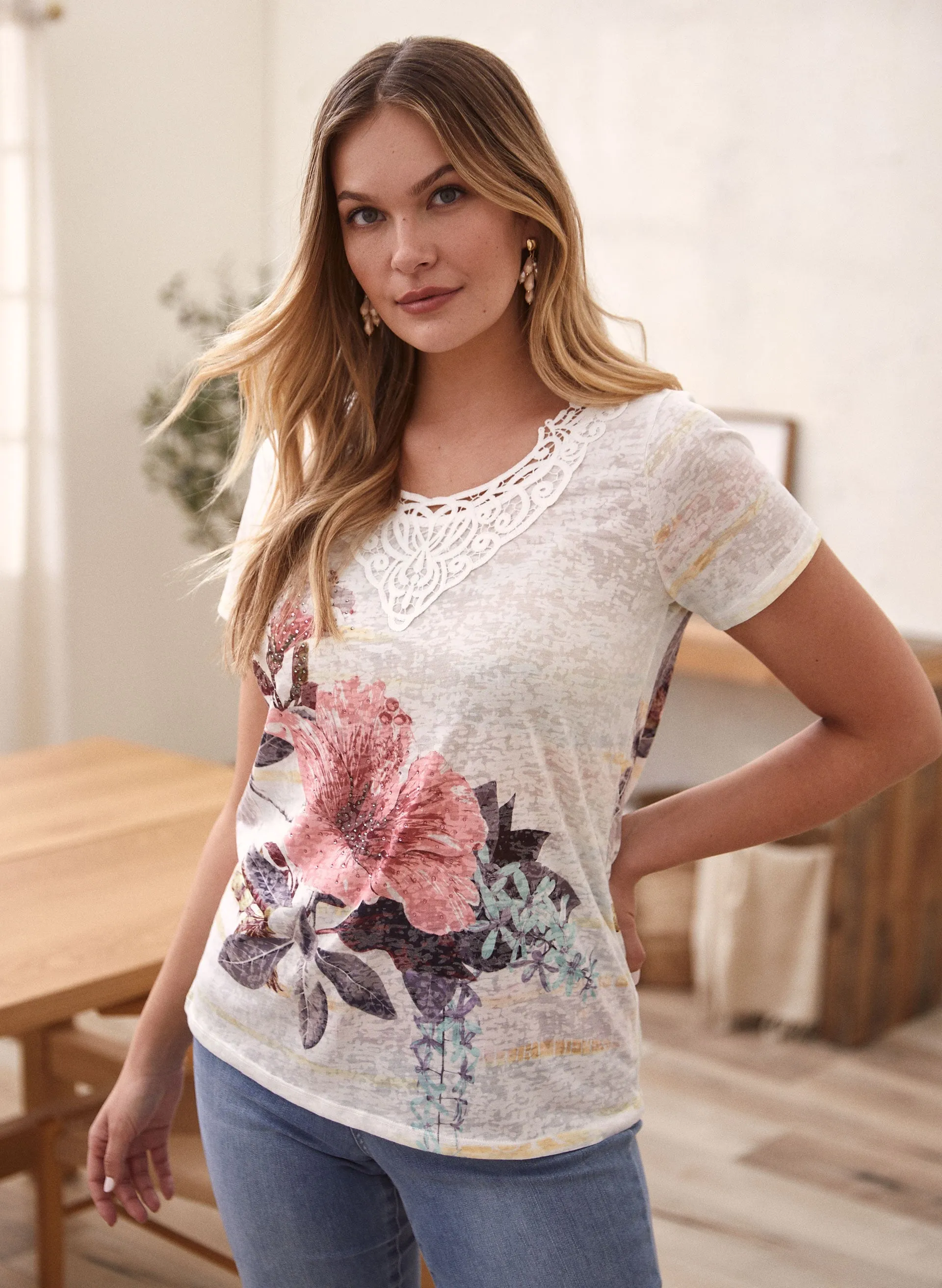 Floral Print Burnout Tee sold by Laura