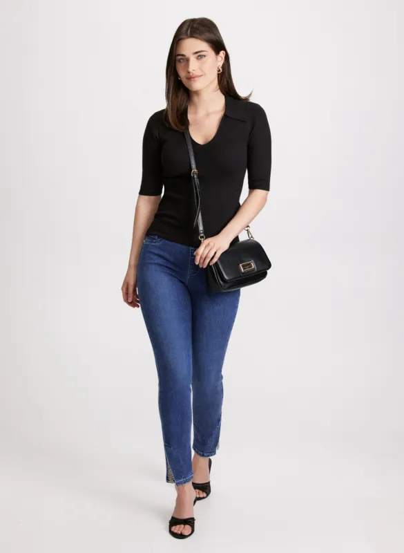 V-Neck Polo Sweater & Embellished Hem Slit Jeans sold by Laura