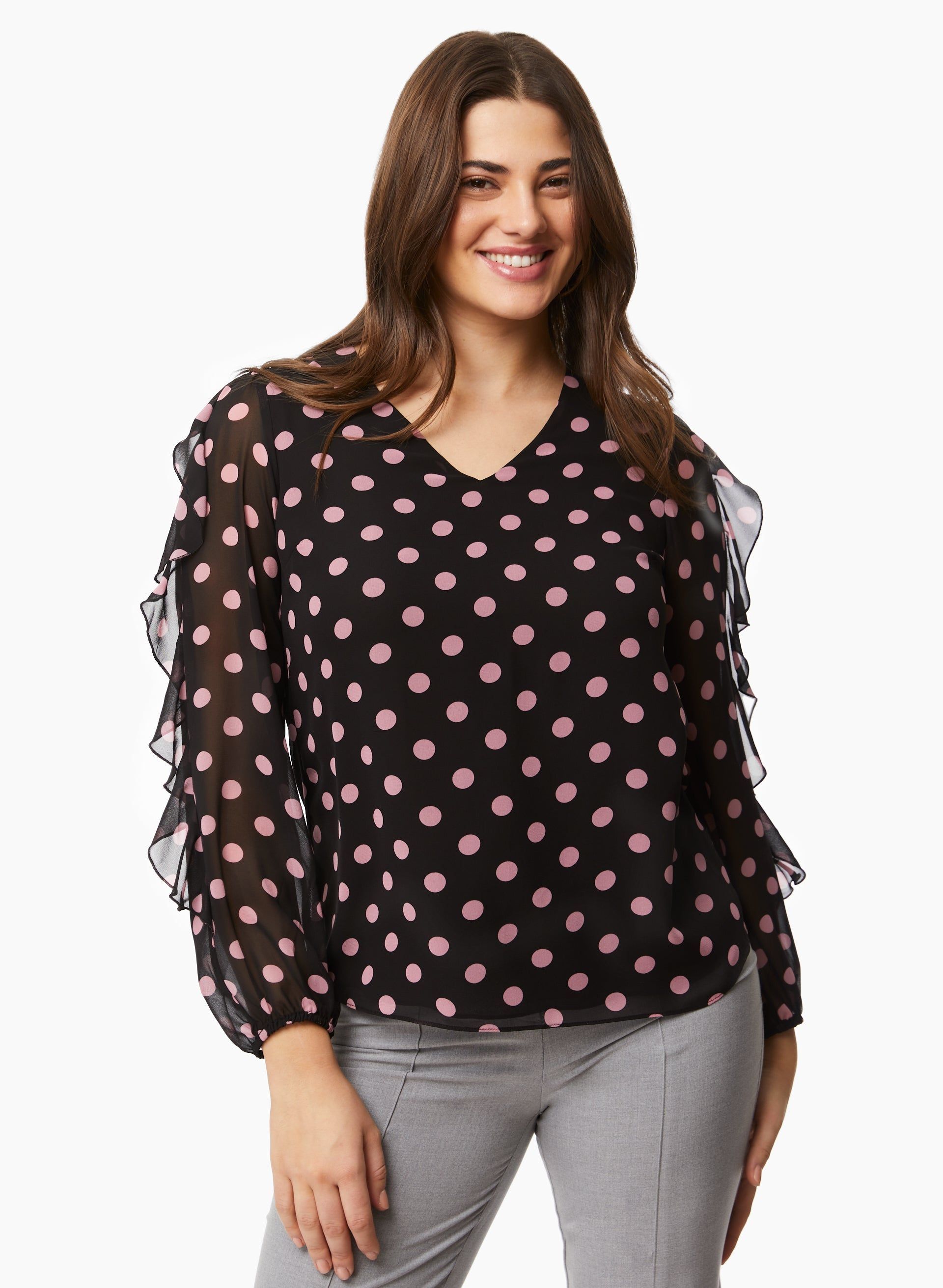 Ruffle Sleeve Polka Dot Blouse sold by Laura