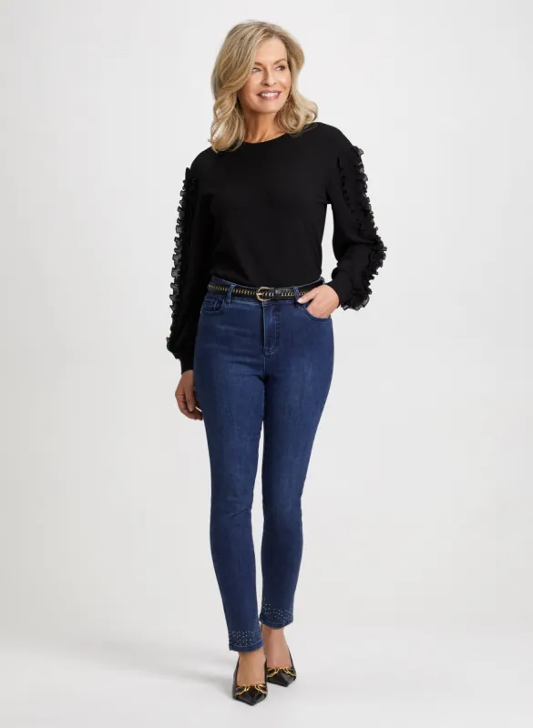 Ruffle Sleeve Top & Bow Trim Jeans sold by Laura