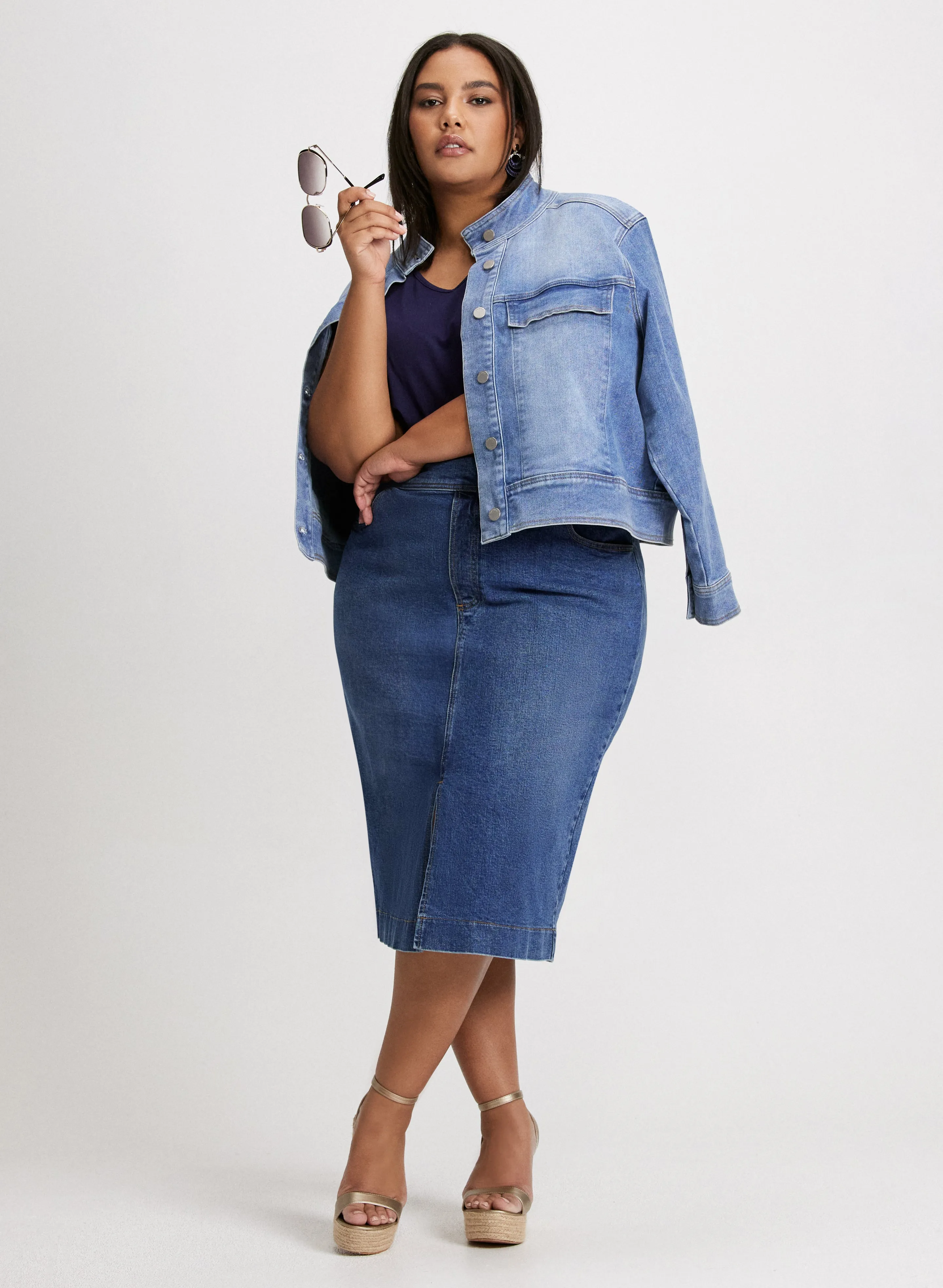 Stand Collar Denim Jacket & Denim Pencil Skirt sold by Laura