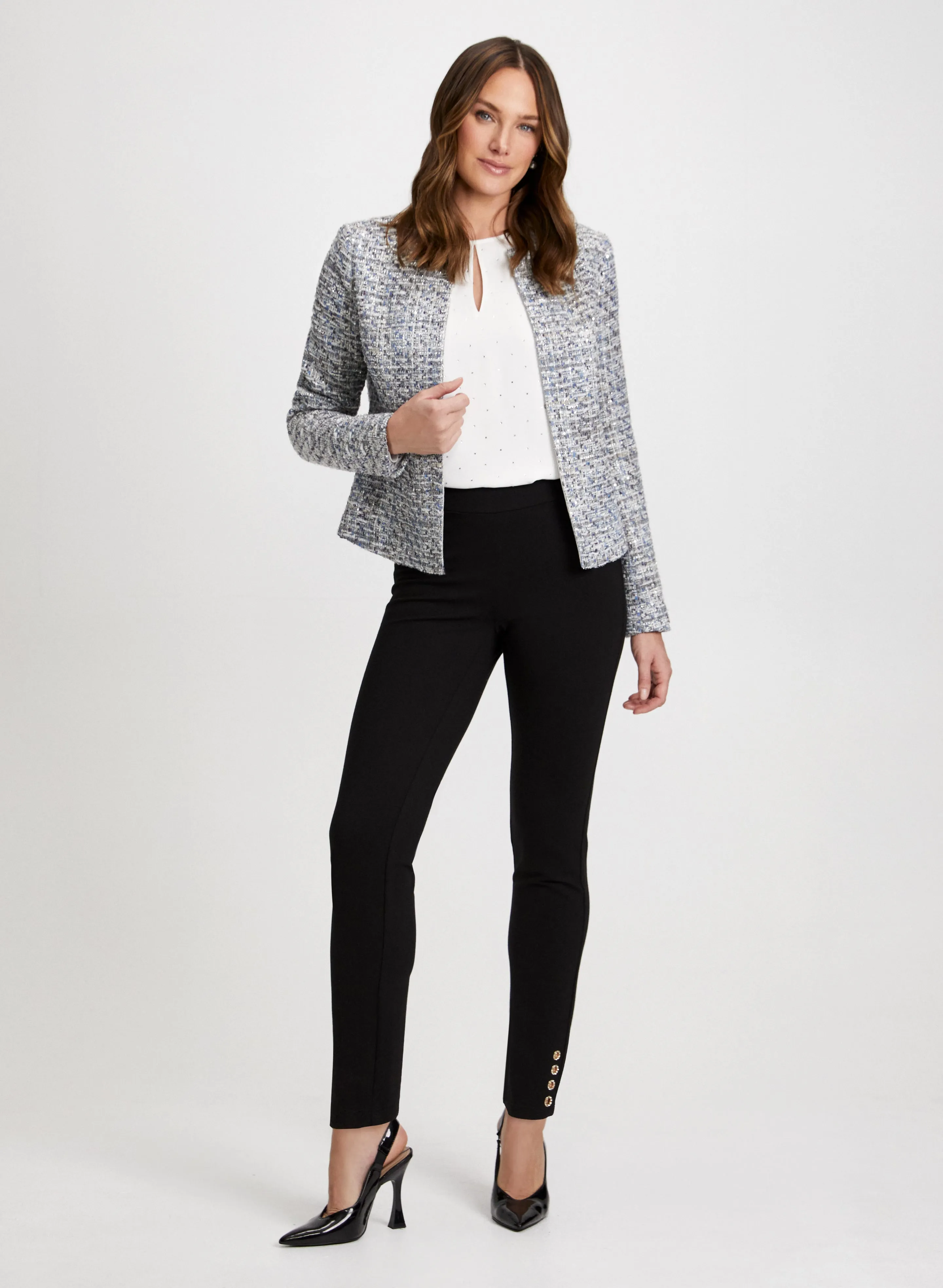 Bouclé Jacket & Rhinestone Trim Jeans sold by Laura